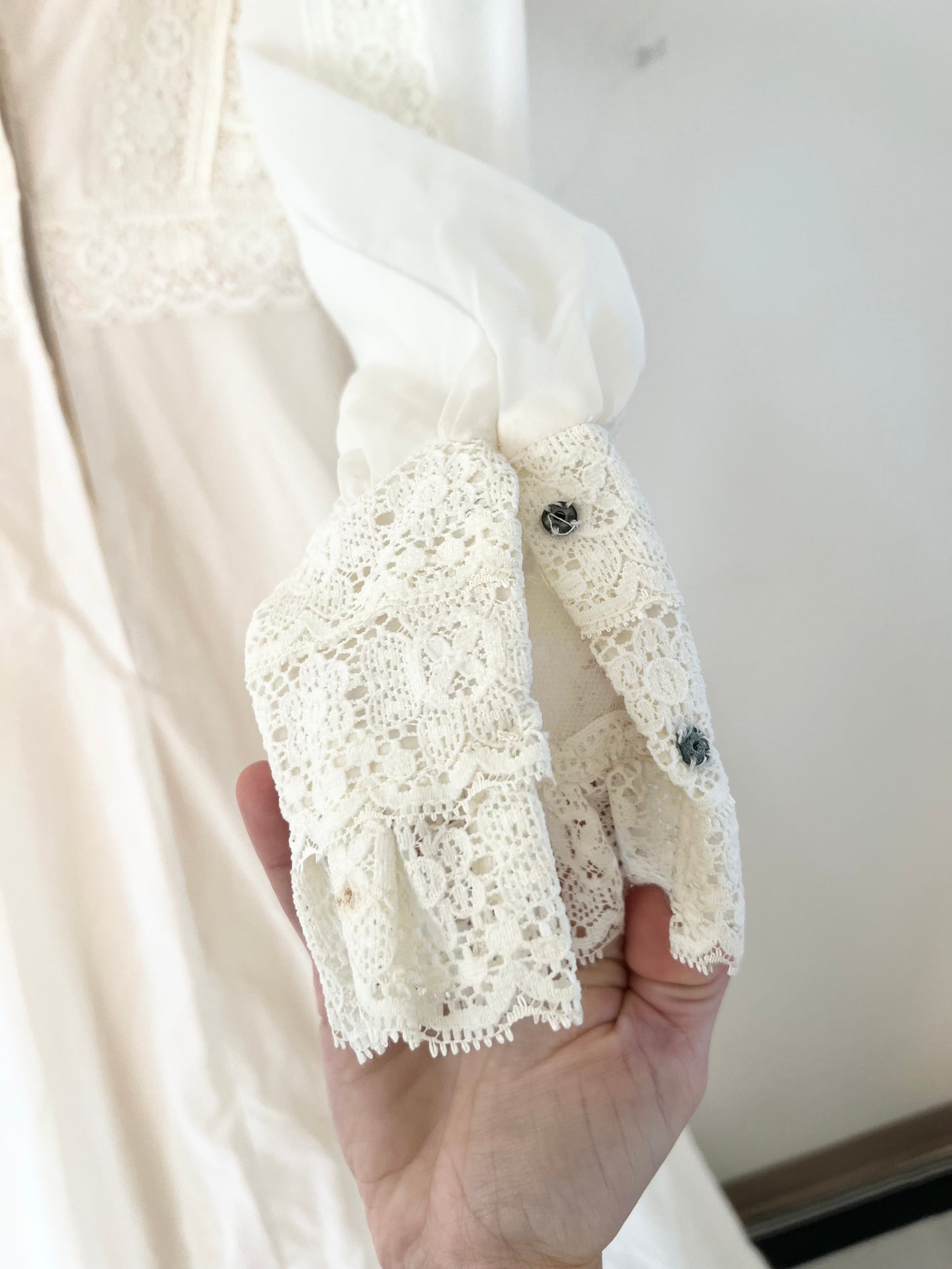 70s does Victorian Union Made beaded lace prairie wedding gown