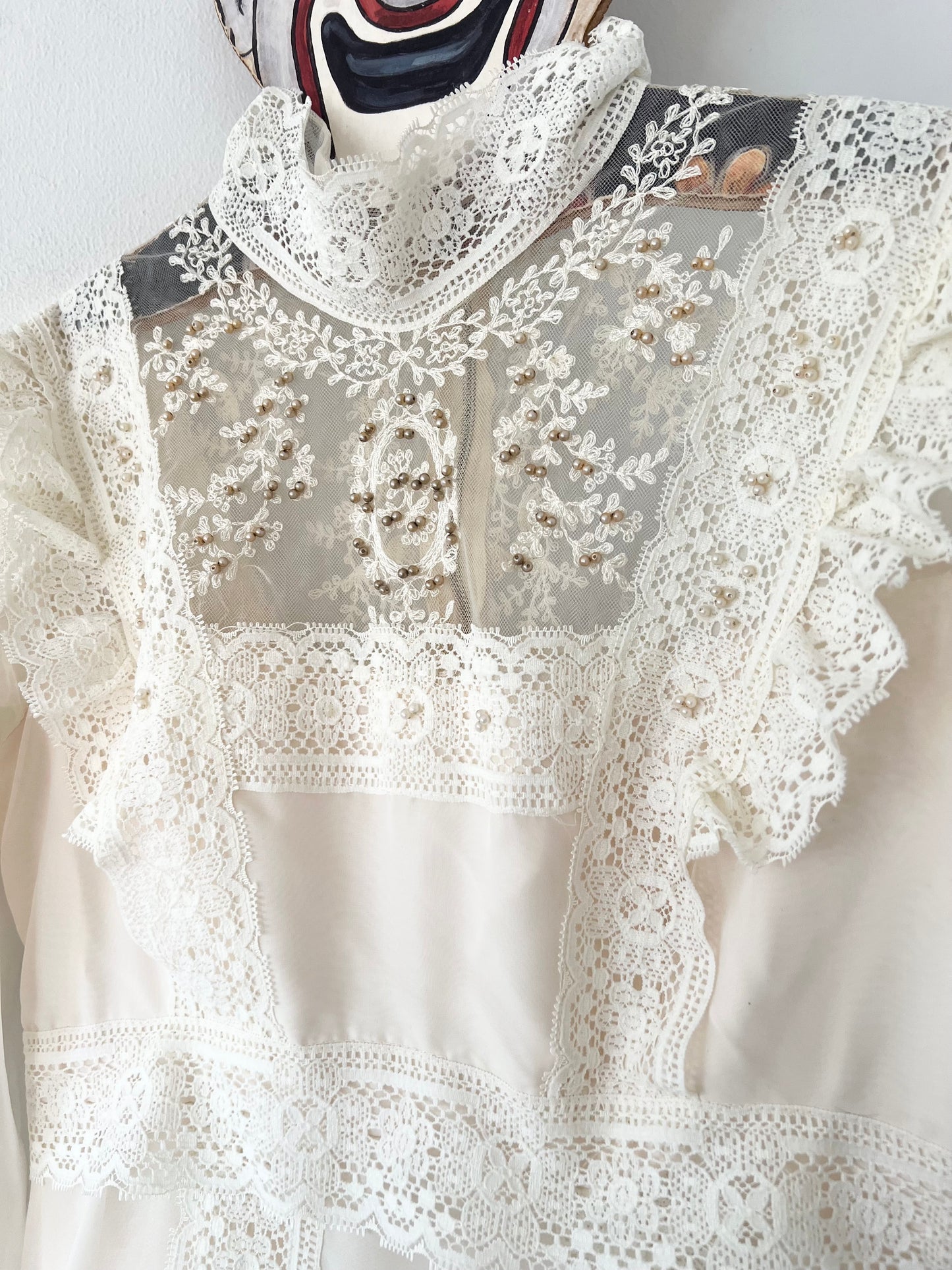 70s does Victorian Union Made beaded lace prairie wedding gown