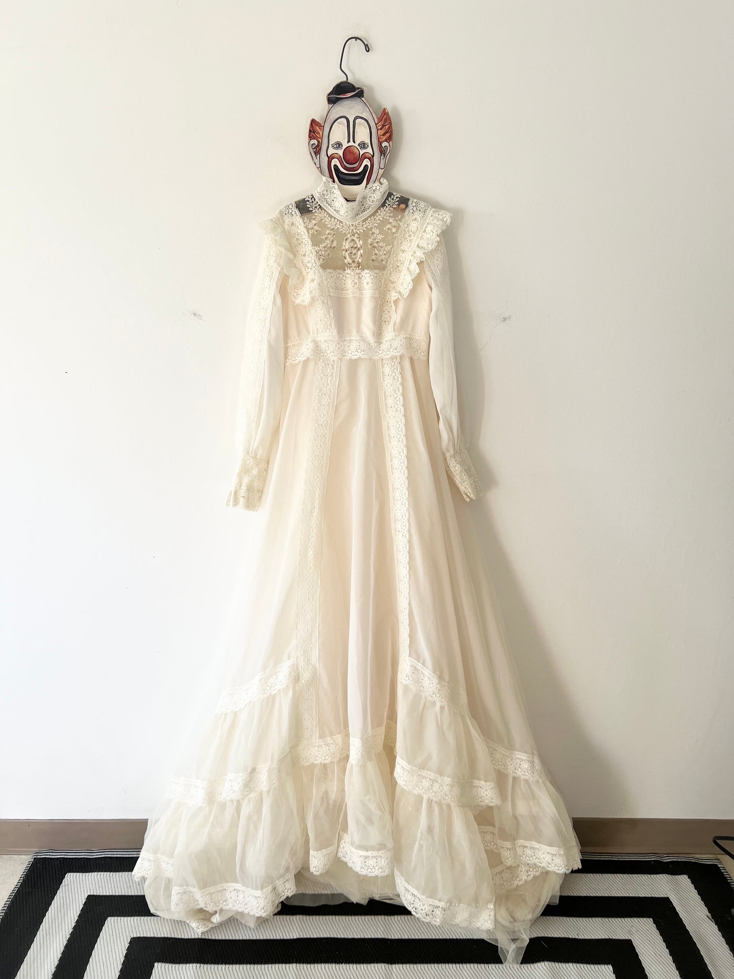 70s does Victorian Union Made beaded lace prairie wedding gown