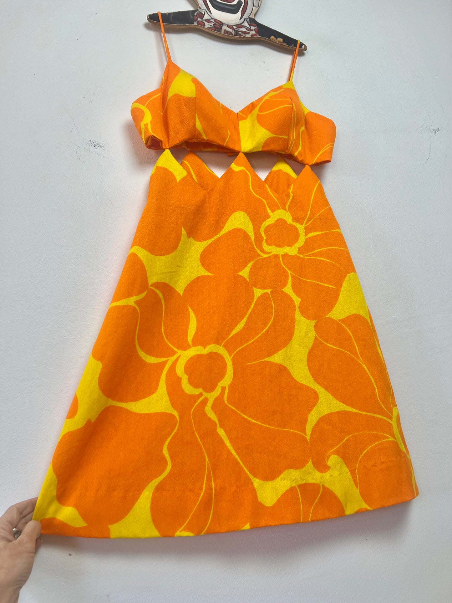 60s Barkcloth FUMIS WAIKIKI Cutout GoGo Mini Dress