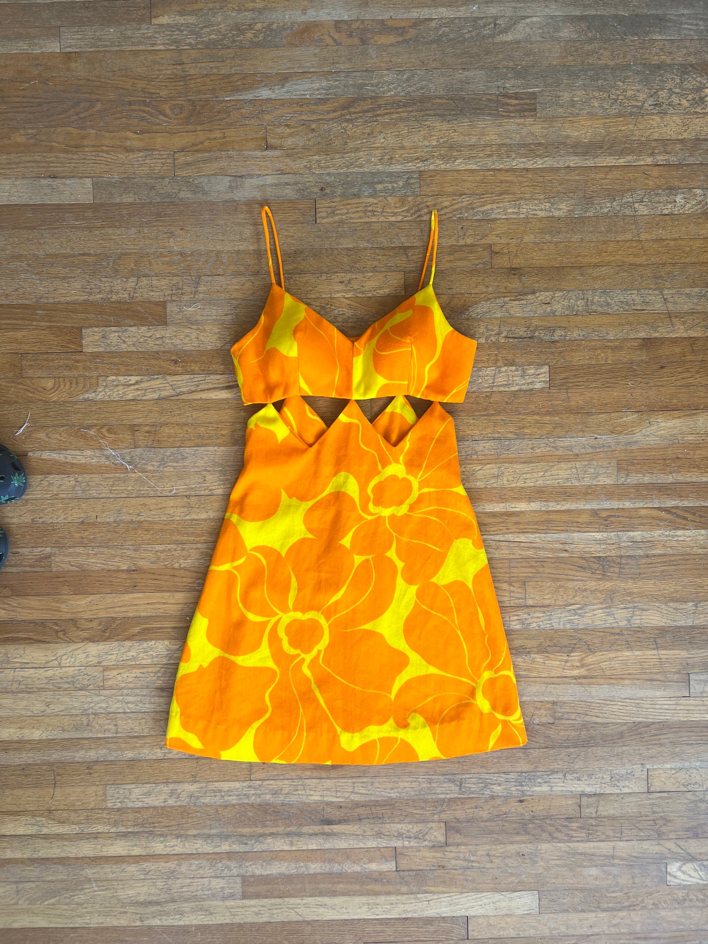 60s Barkcloth FUMIS WAIKIKI Cutout GoGo Mini Dress