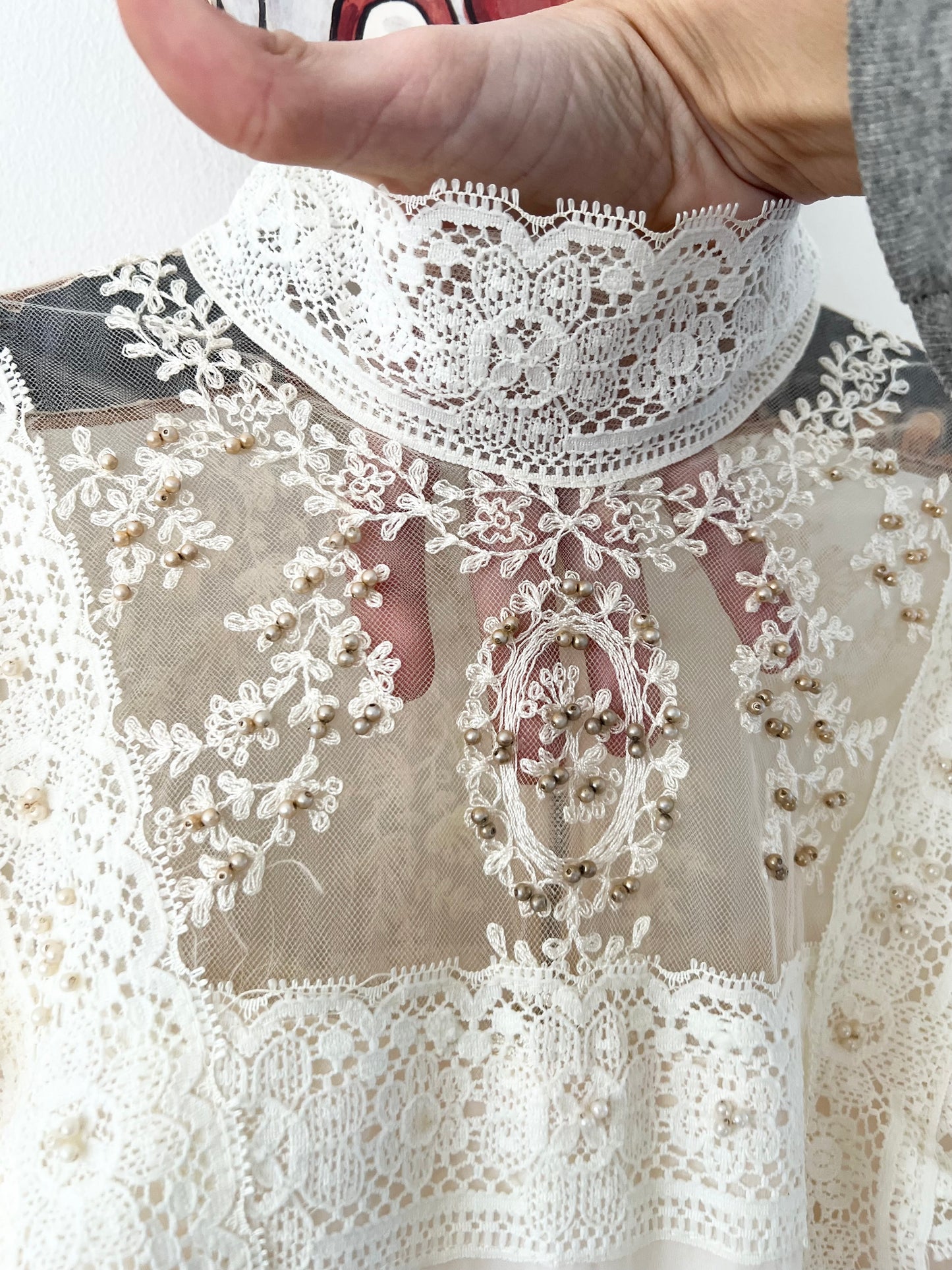 70s does Victorian Union Made beaded lace prairie wedding gown