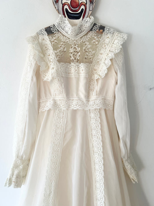 70s does Victorian Union Made beaded lace prairie wedding gown