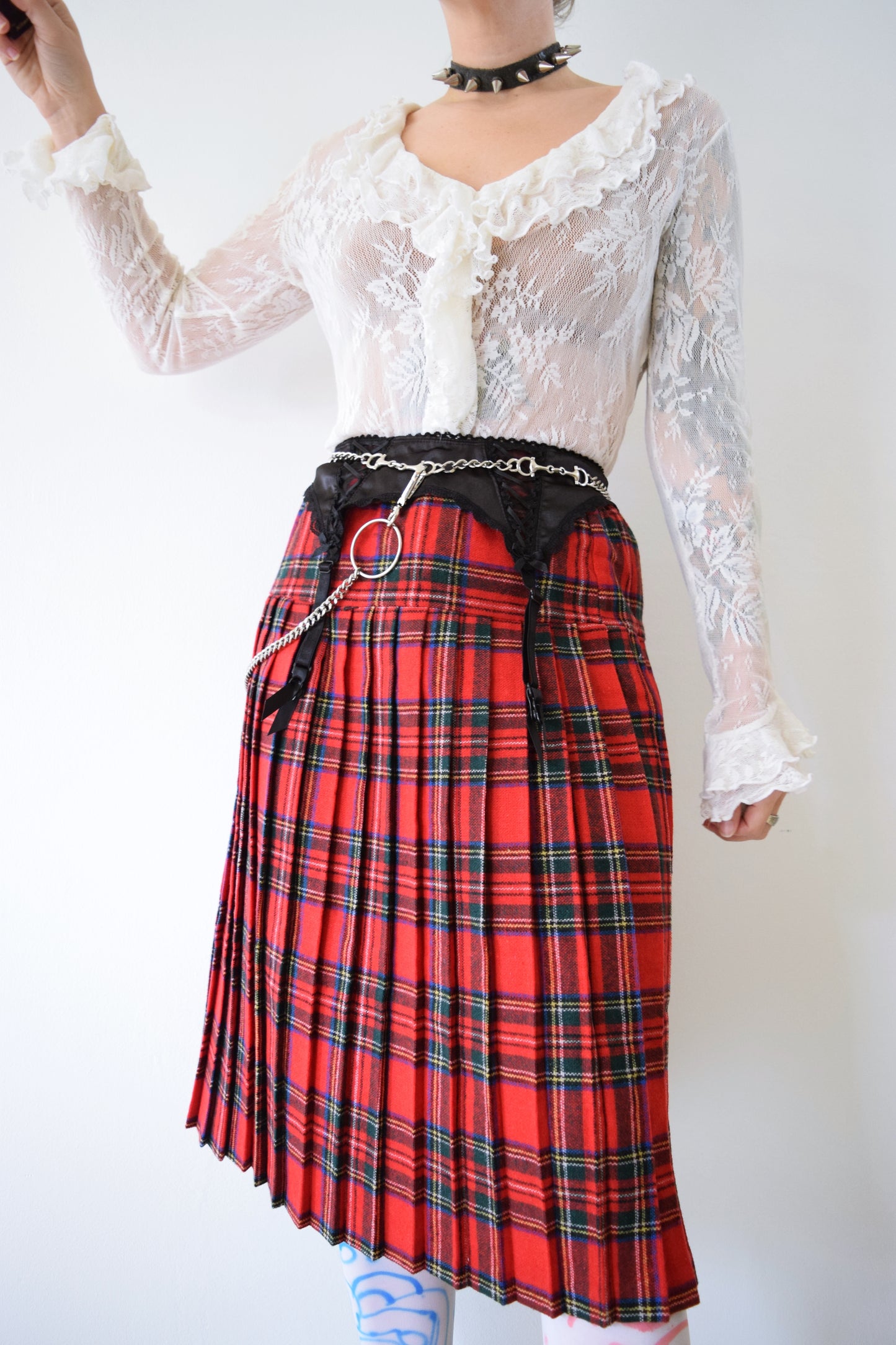 60s RED PLAID MIDI SKIRT - S/M