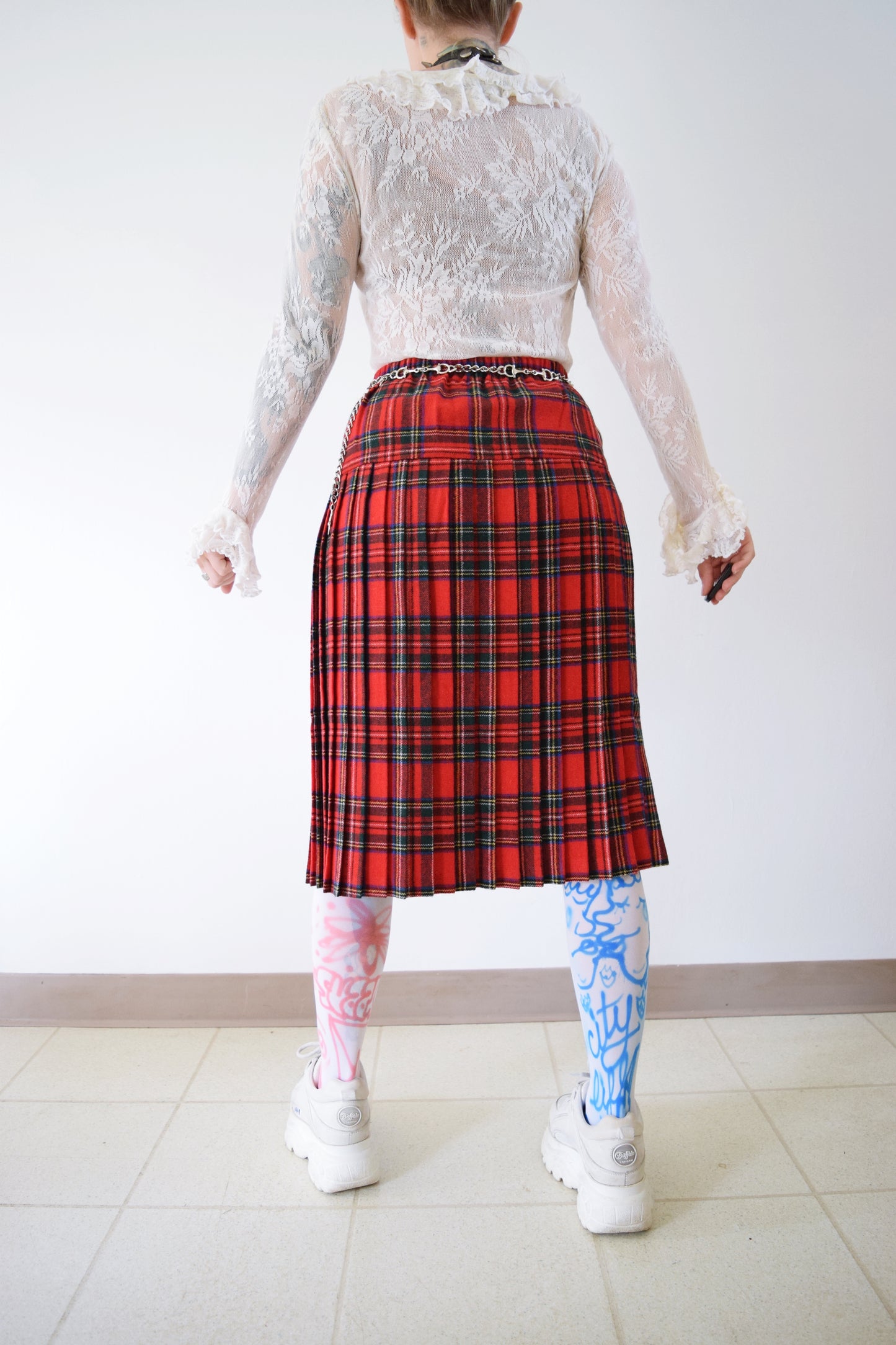 60s RED PLAID MIDI SKIRT - S/M