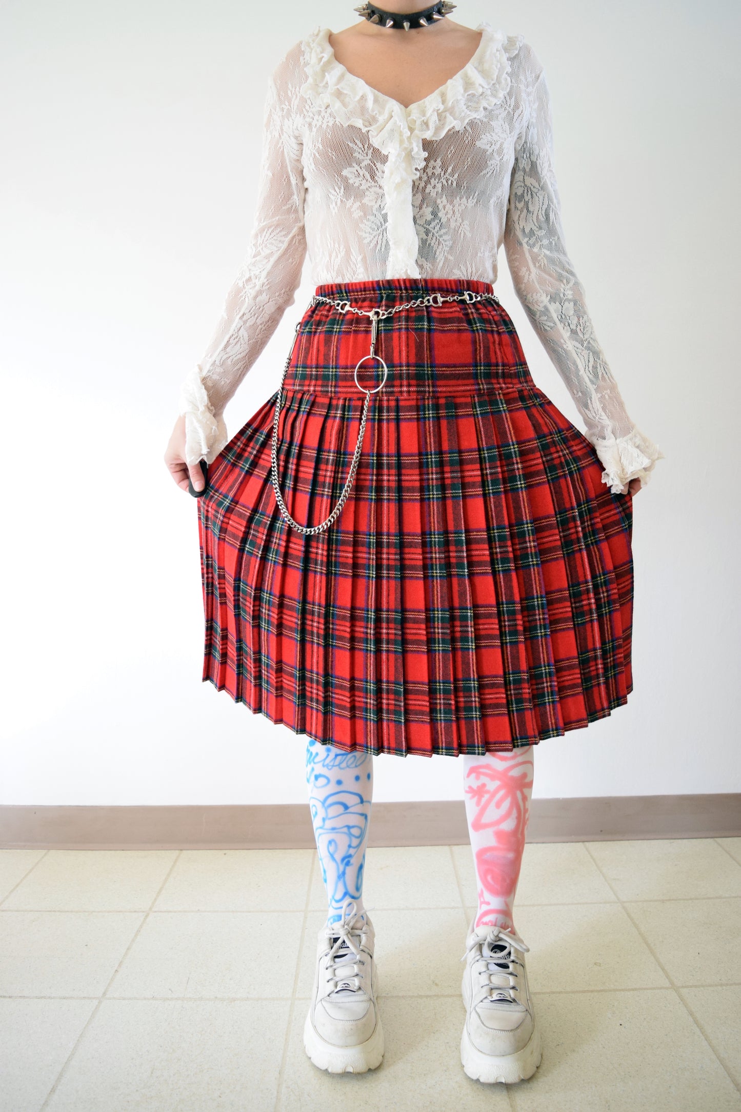 60s RED PLAID MIDI SKIRT - S/M