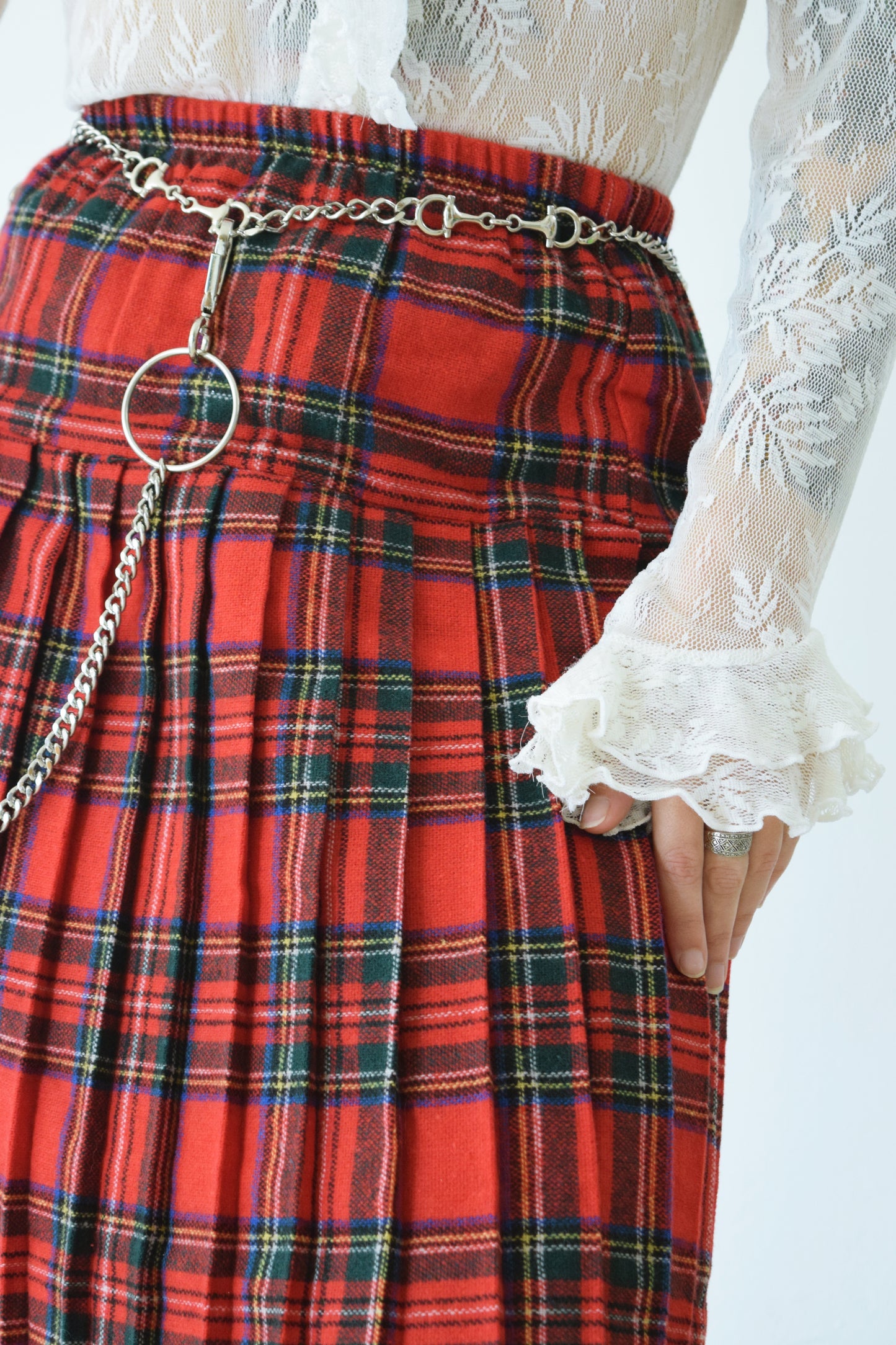 60s RED PLAID MIDI SKIRT - S/M