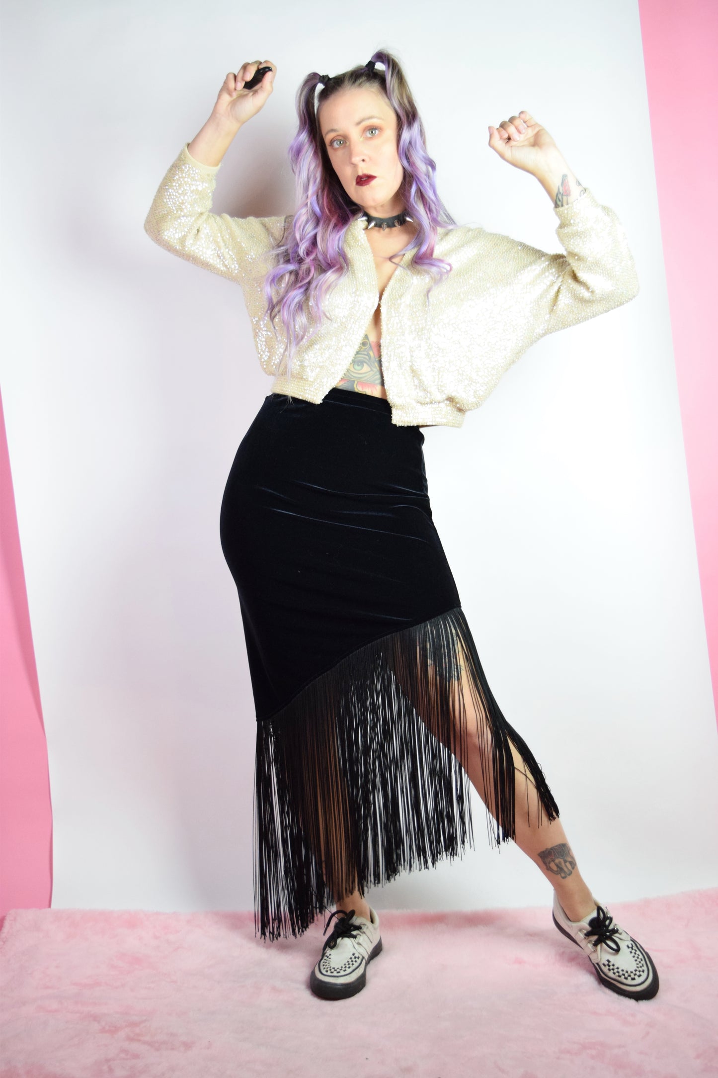 90S BLACK VELVET FRINGE MIDI