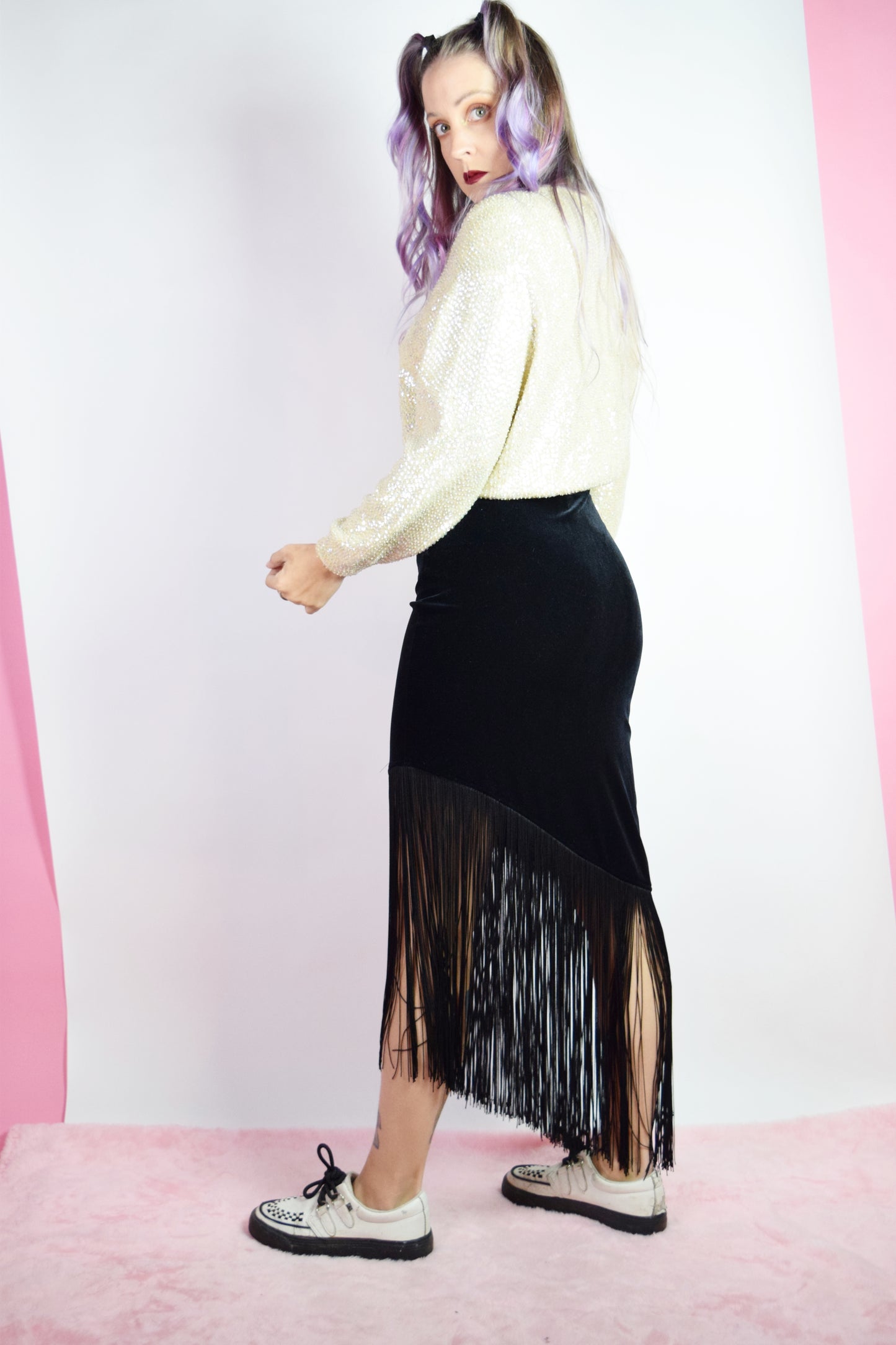 90S BLACK VELVET FRINGE MIDI