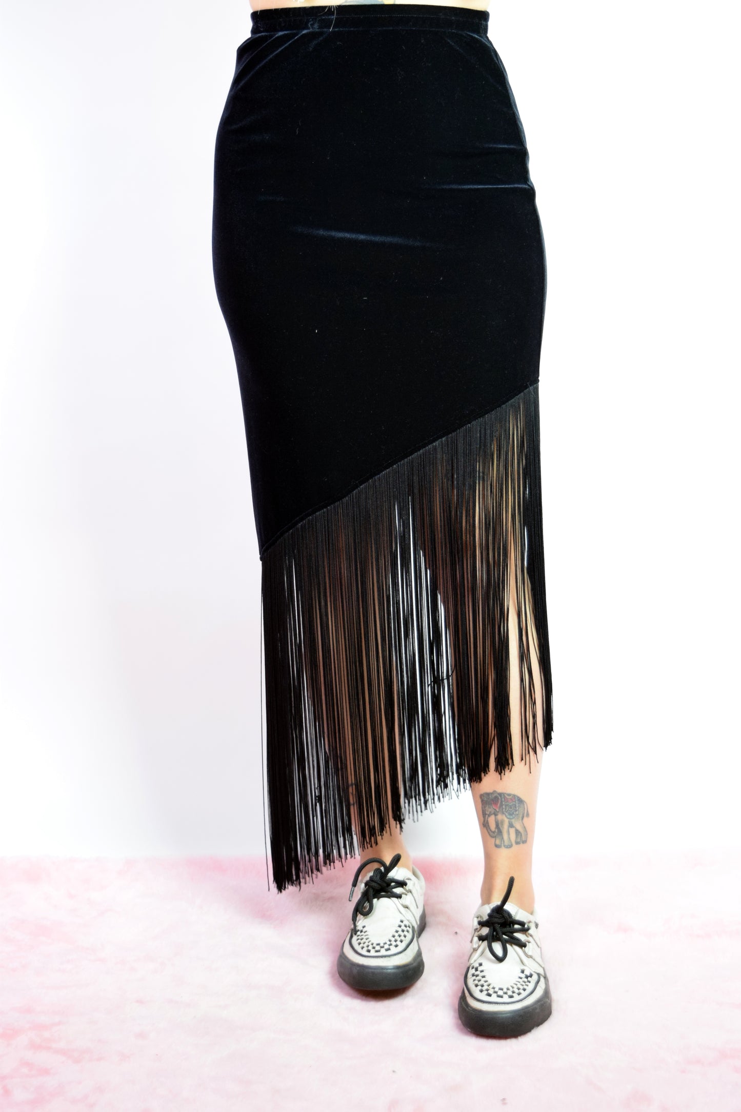 90S BLACK VELVET FRINGE MIDI