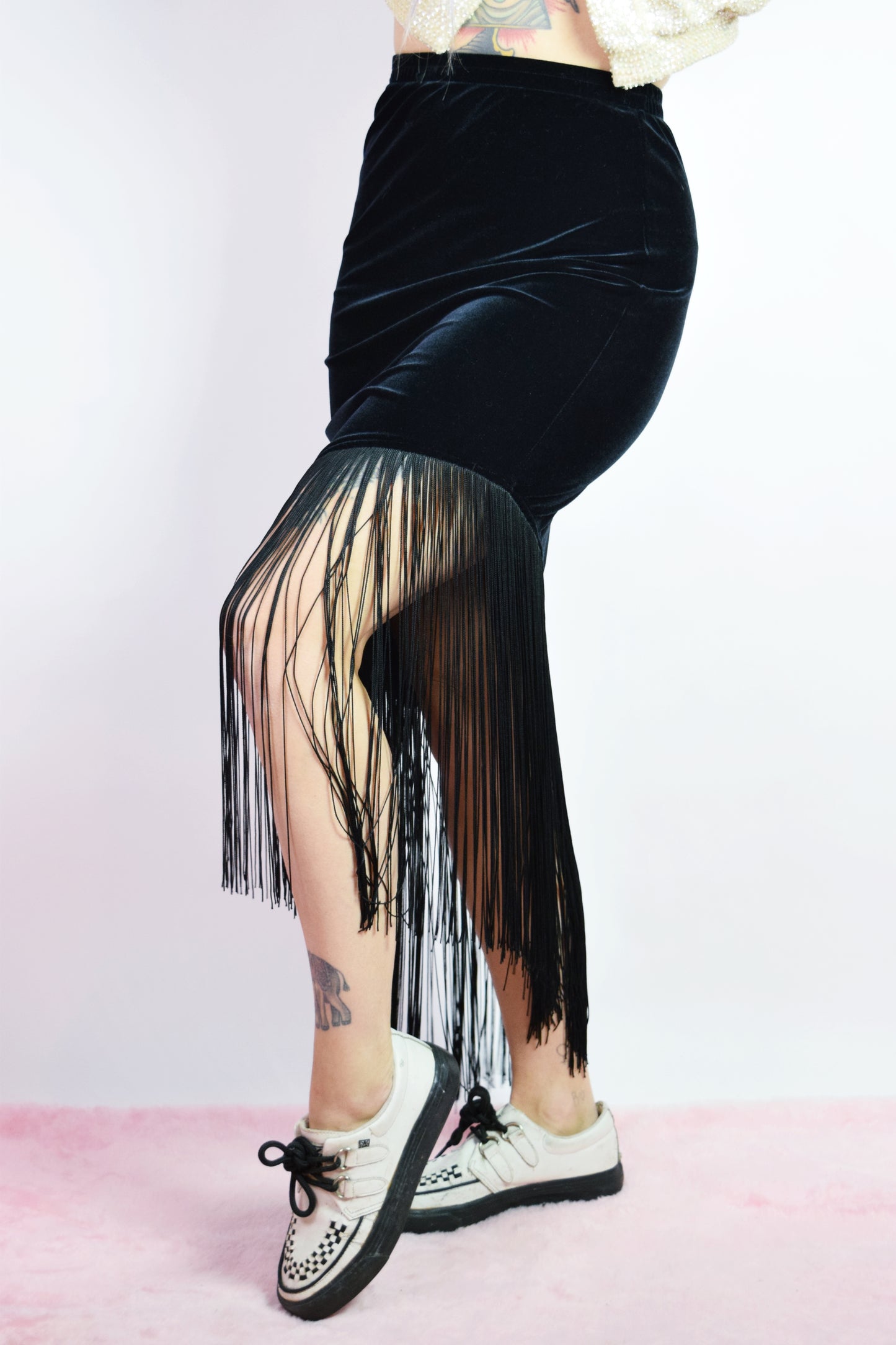 90S BLACK VELVET FRINGE MIDI