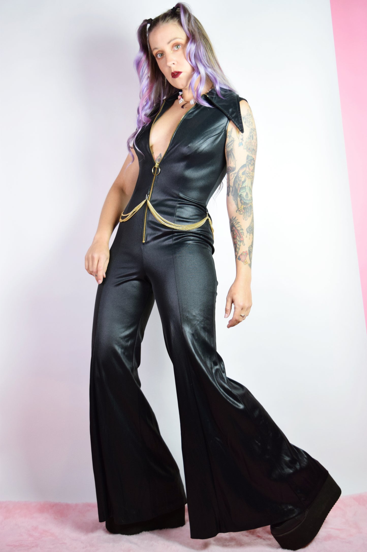 70s PLEATHER BELL BOTTOM JUMPSUIT - SMALL
