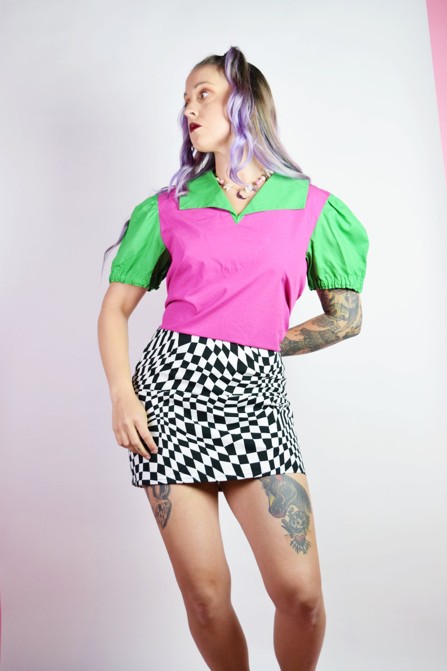 70s COLOR BLOCK PUFF SLEEVE BLOUSE - S/M