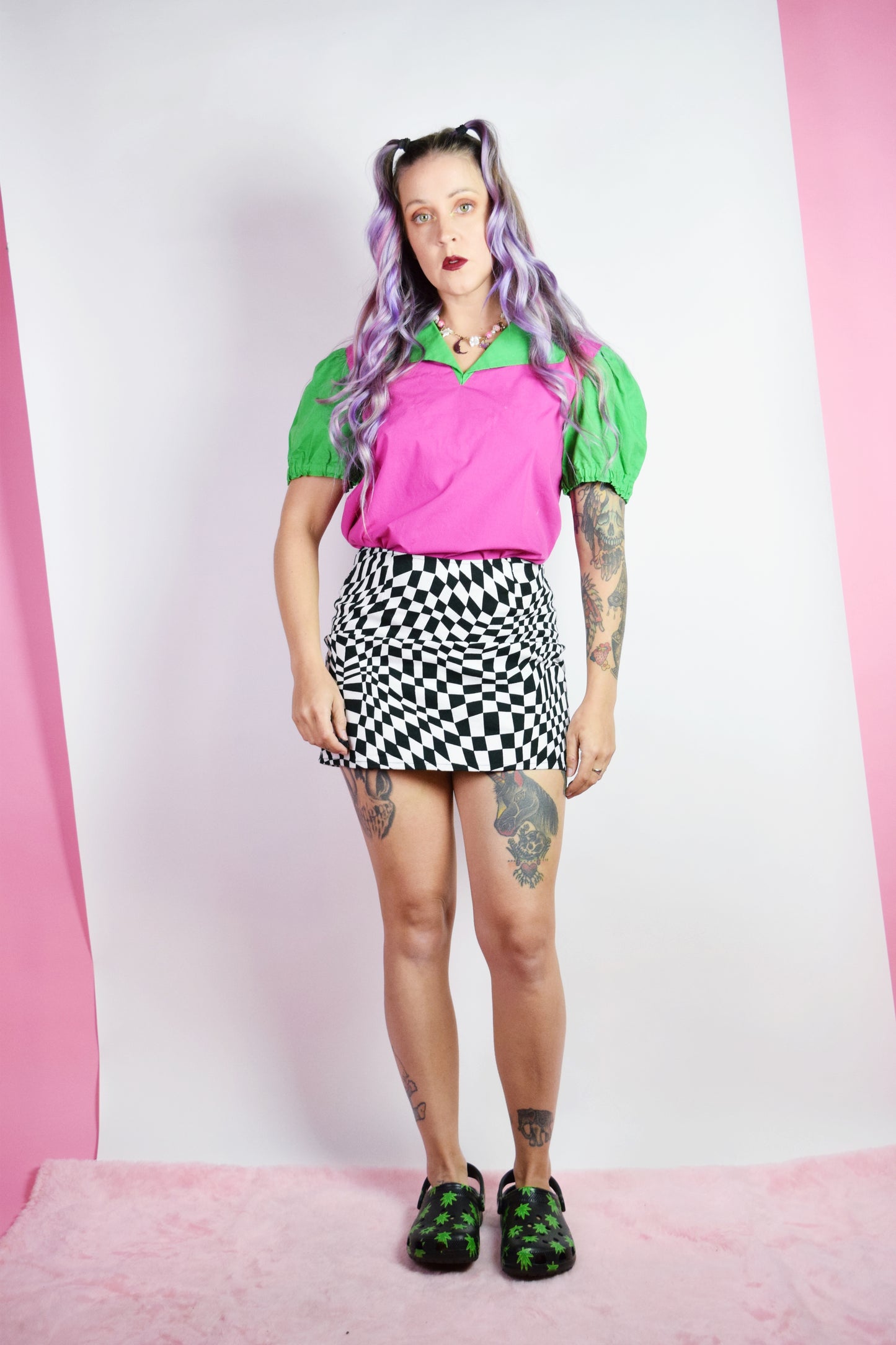 70s COLOR BLOCK PUFF SLEEVE BLOUSE - S/M