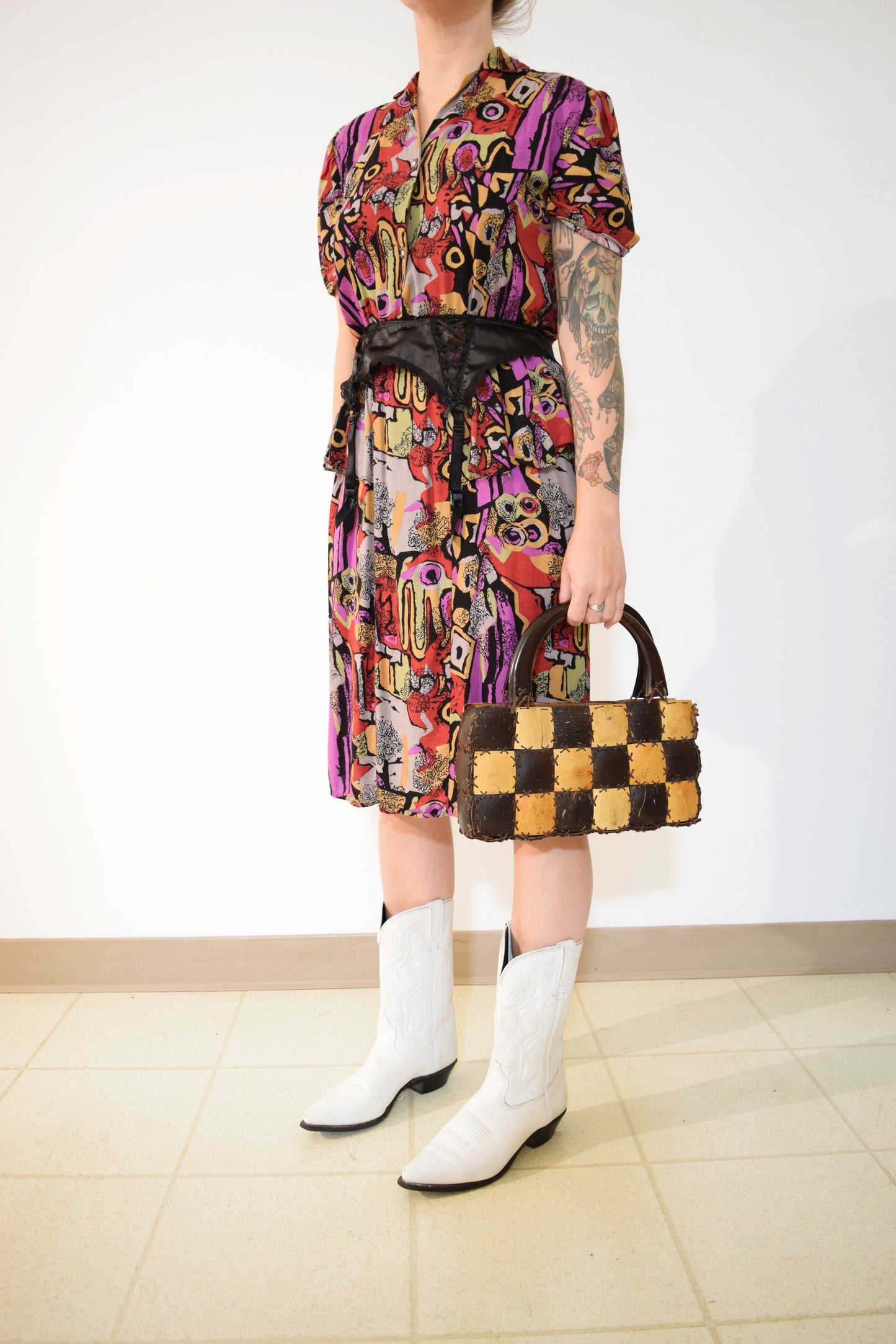 80s ABSTRACT MIDI DRESS - Small