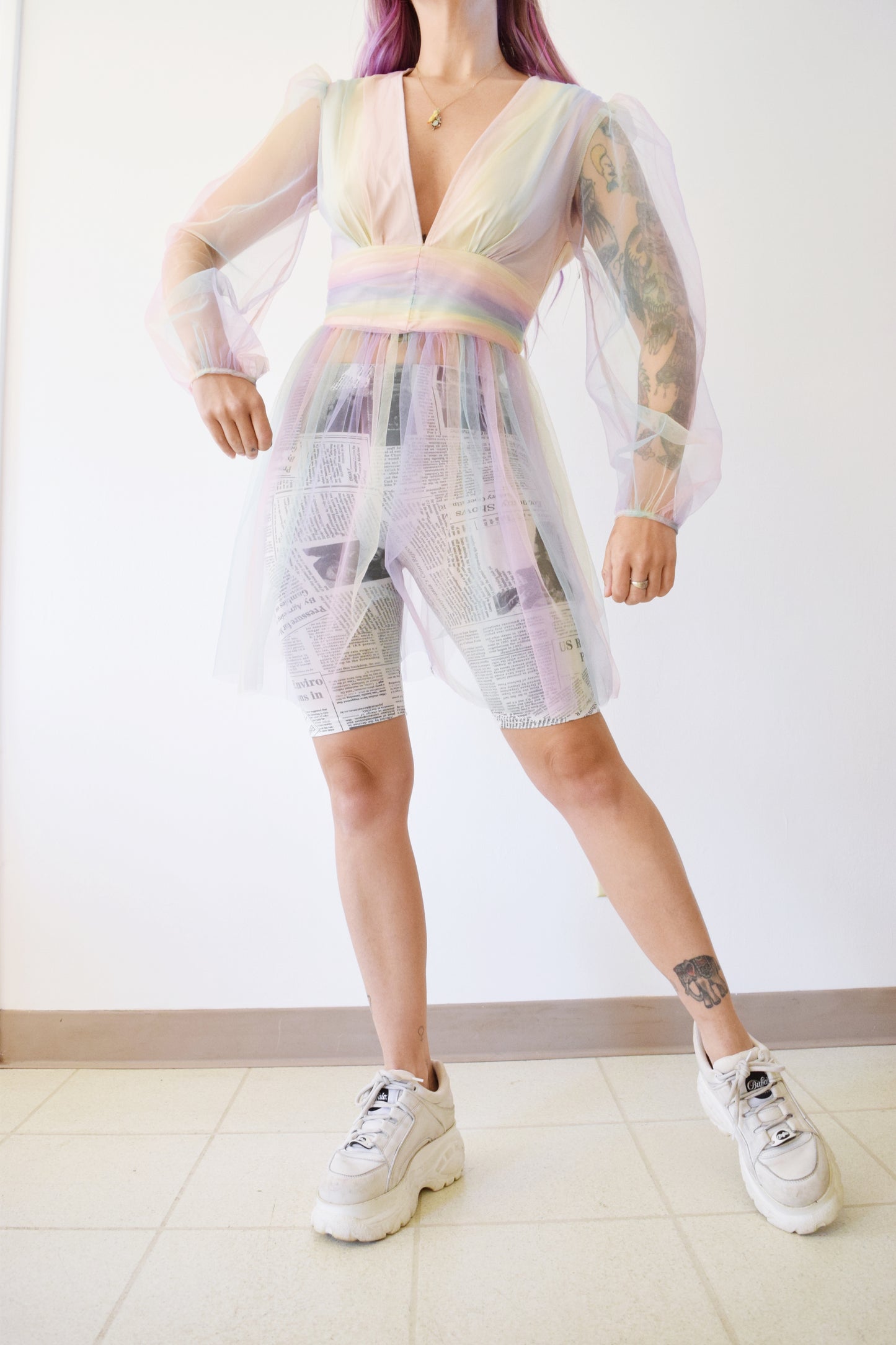 RAINBOW PASTEL PUFF MIDI DRESS - SMALL