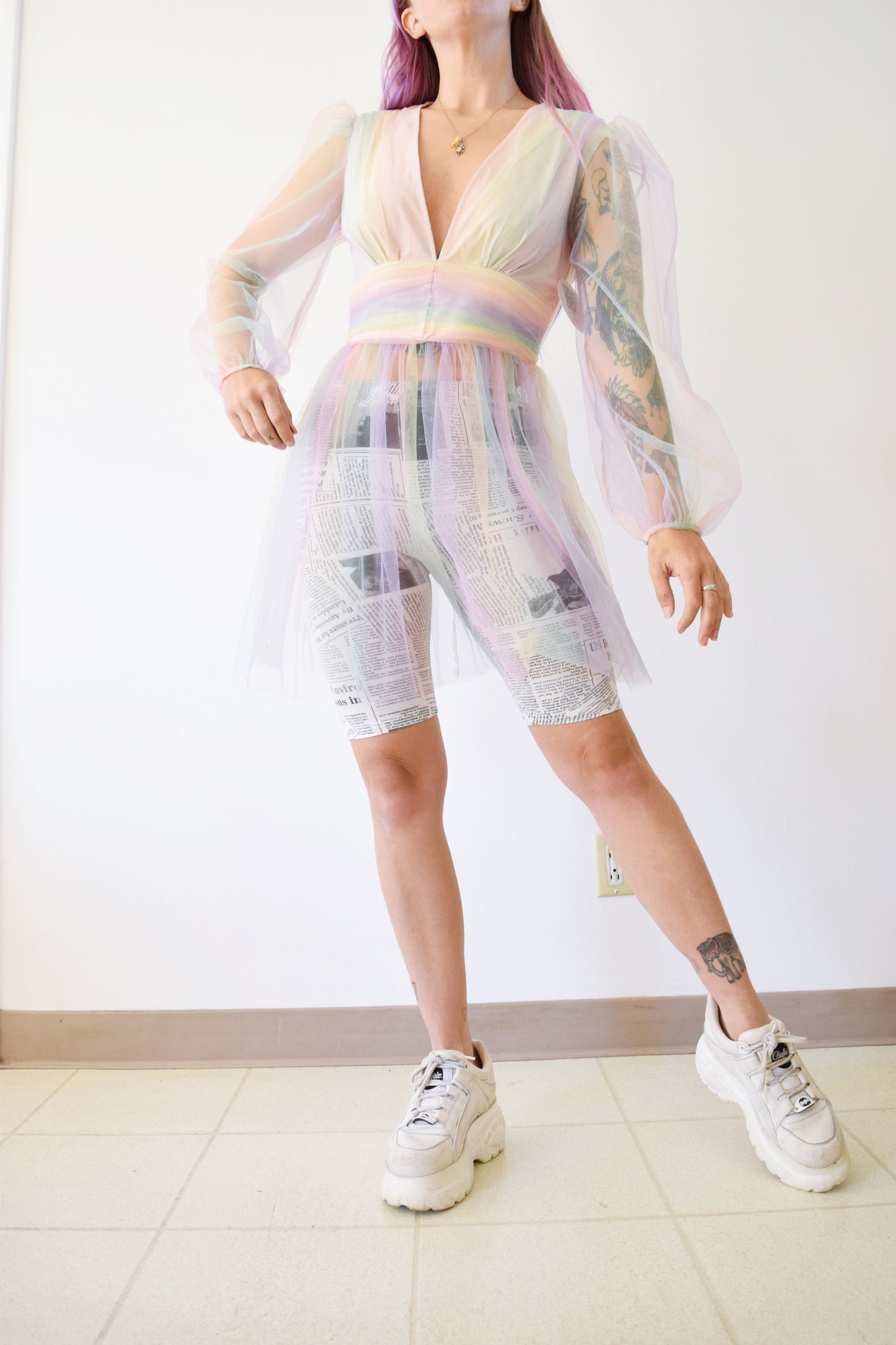 RAINBOW PASTEL PUFF MIDI DRESS - SMALL