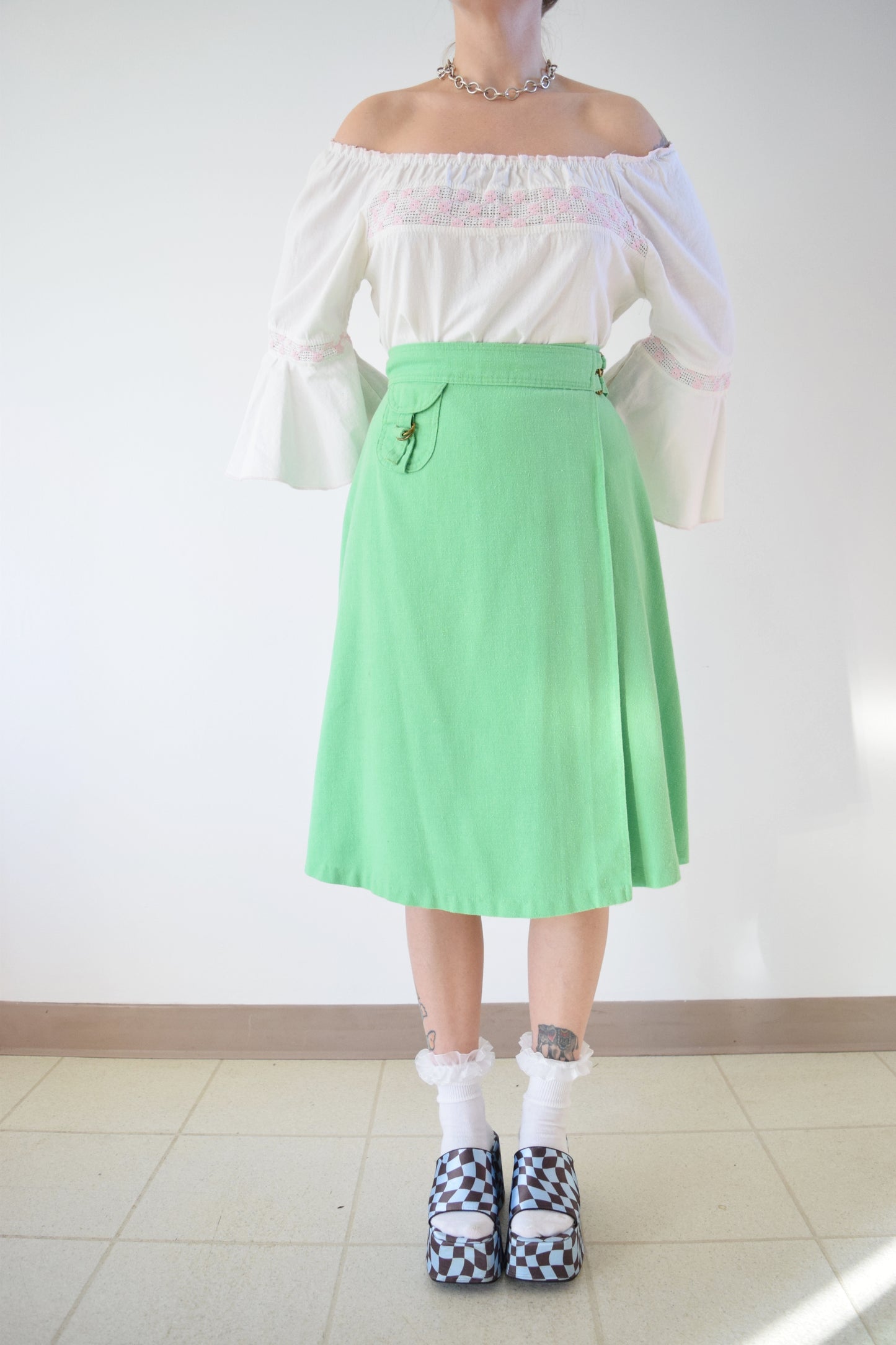 60S LIME GREEN WRAP MIDI - 26" WAIST