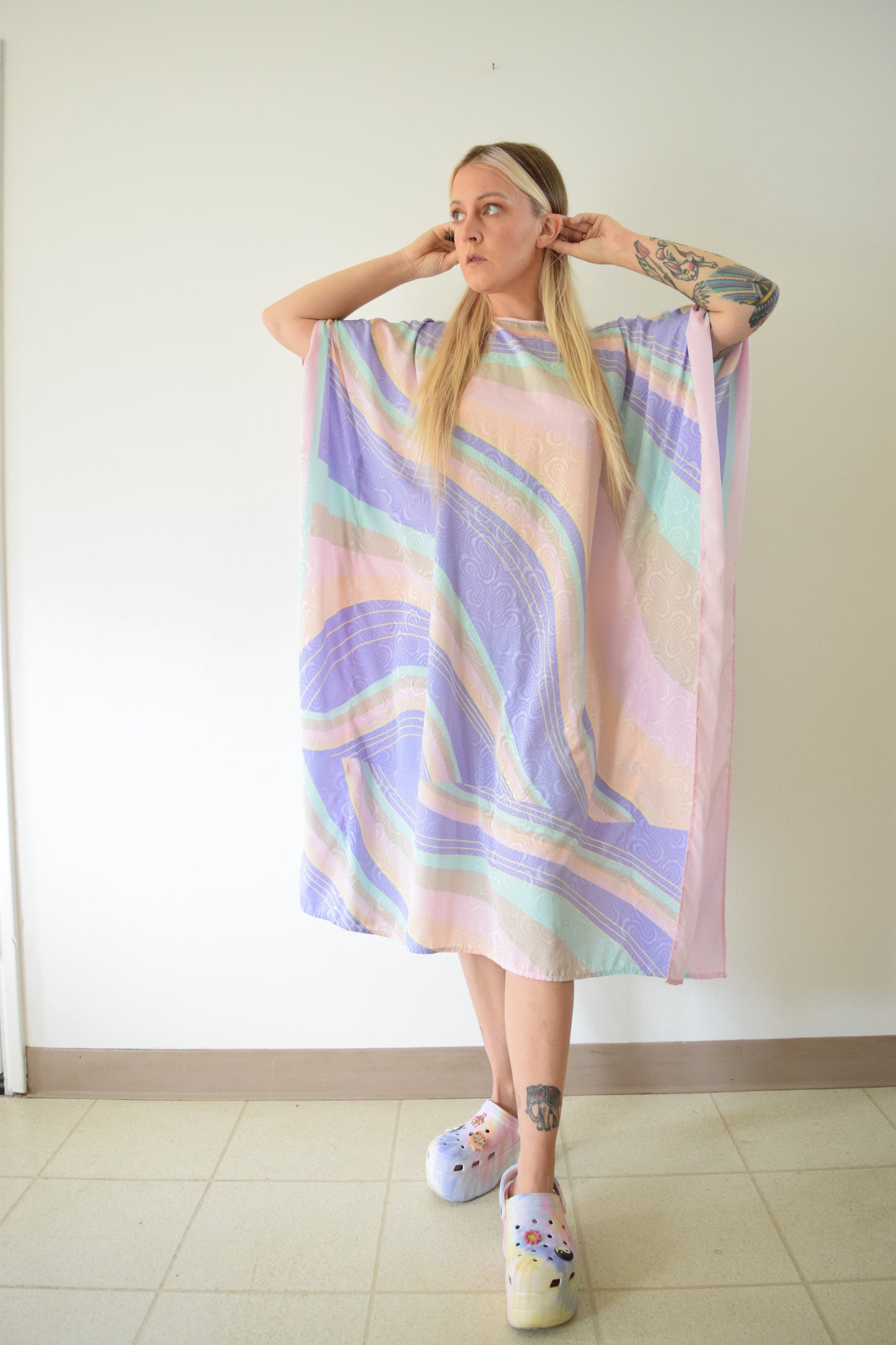 80s SILKY PASTEL CAFTAN - XL