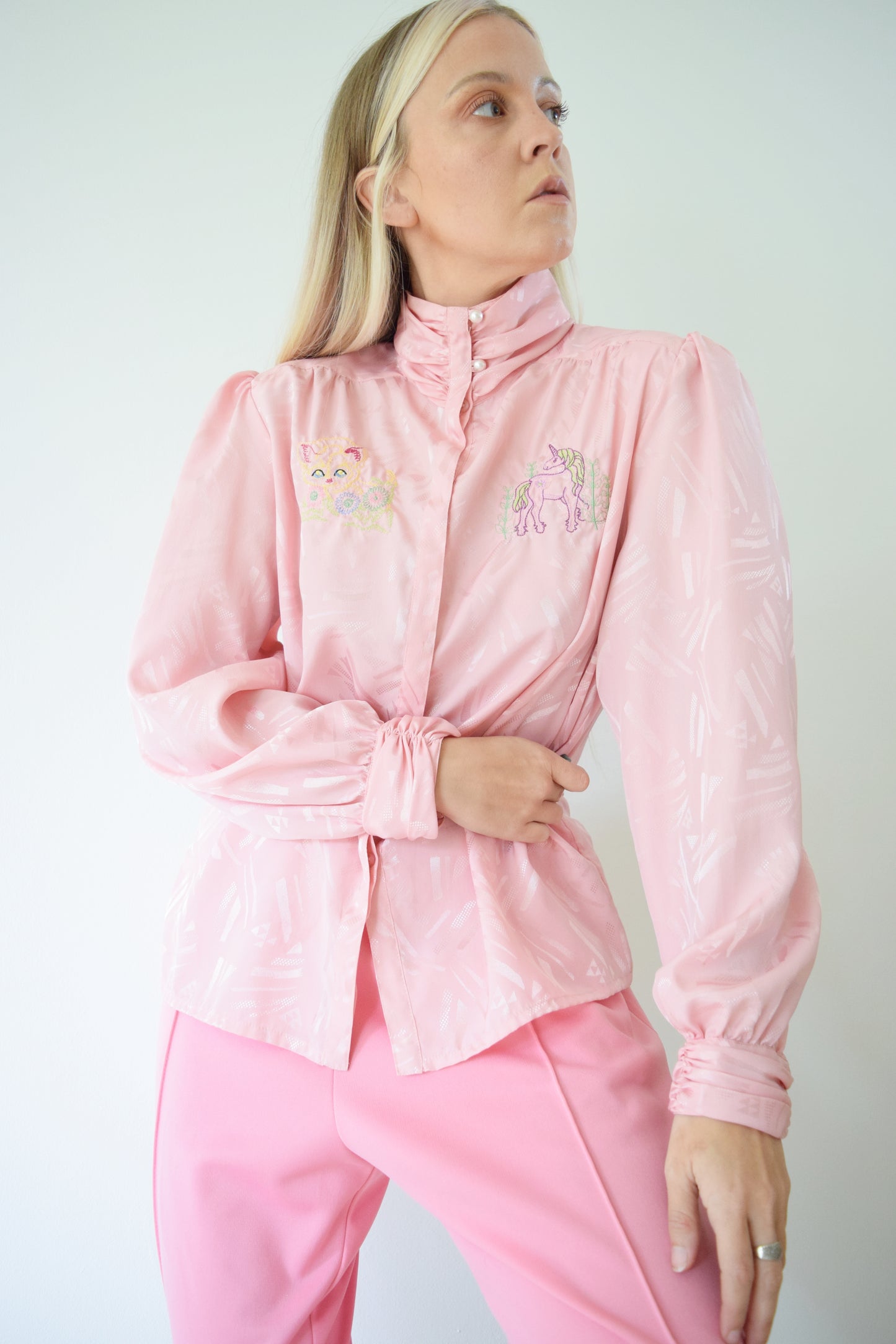EMBROIDERED IRIDESCENT PINK BLOUSE - MEDIUM