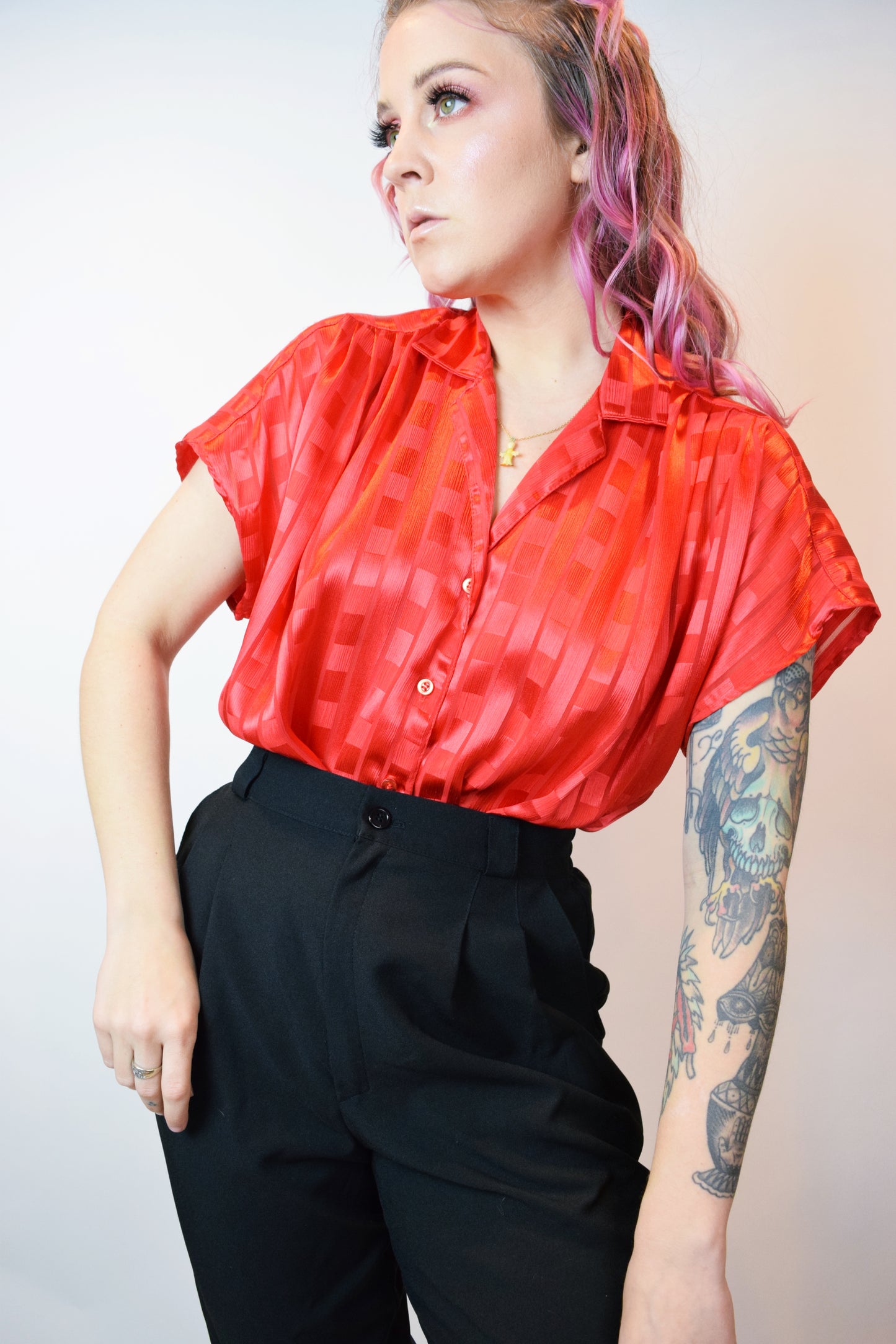 90s IRIDESCENT RED BLOUSE - M/L