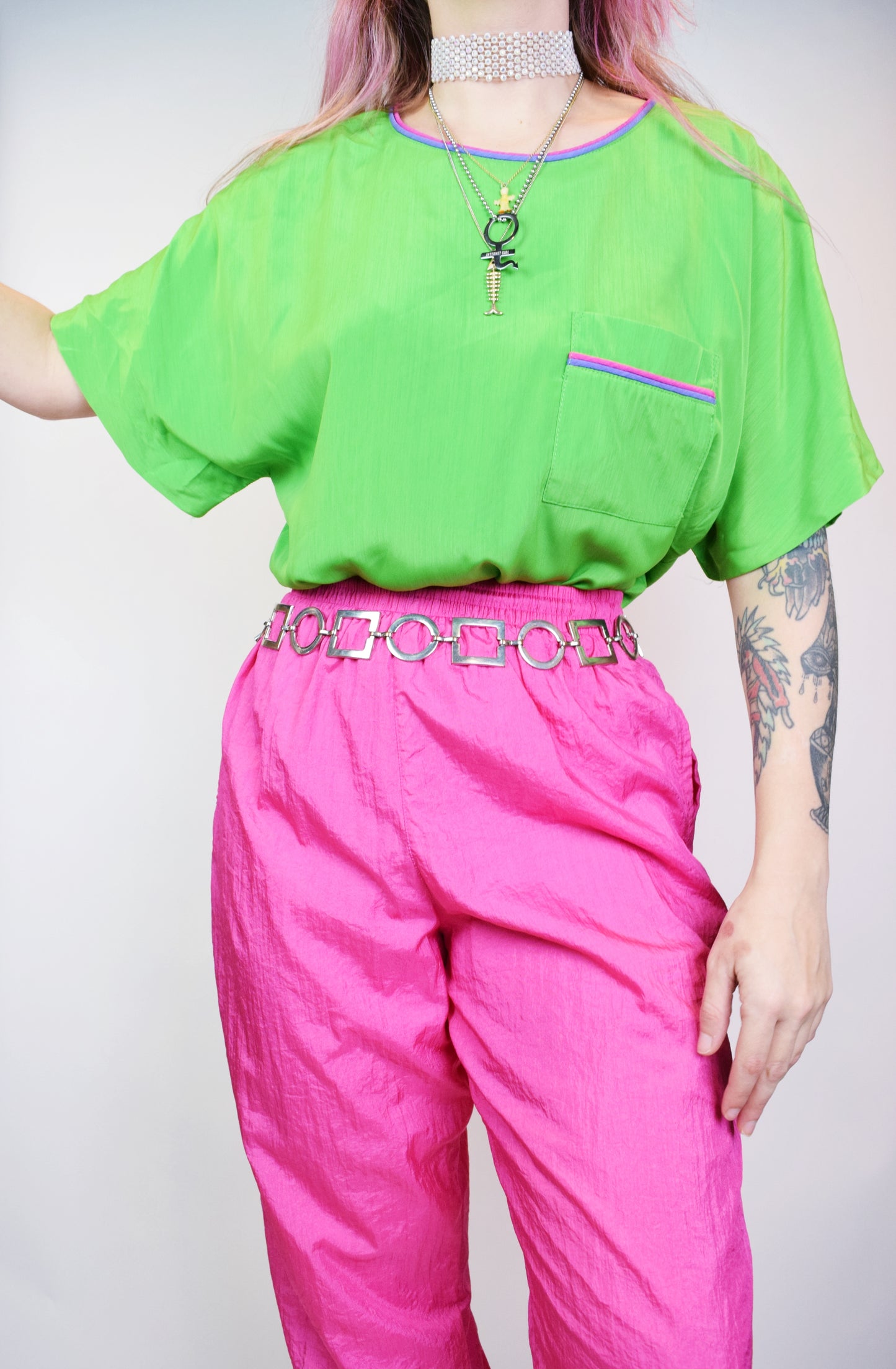 80s SLIME GREEN BATWING BLOUSE - MEDIUM