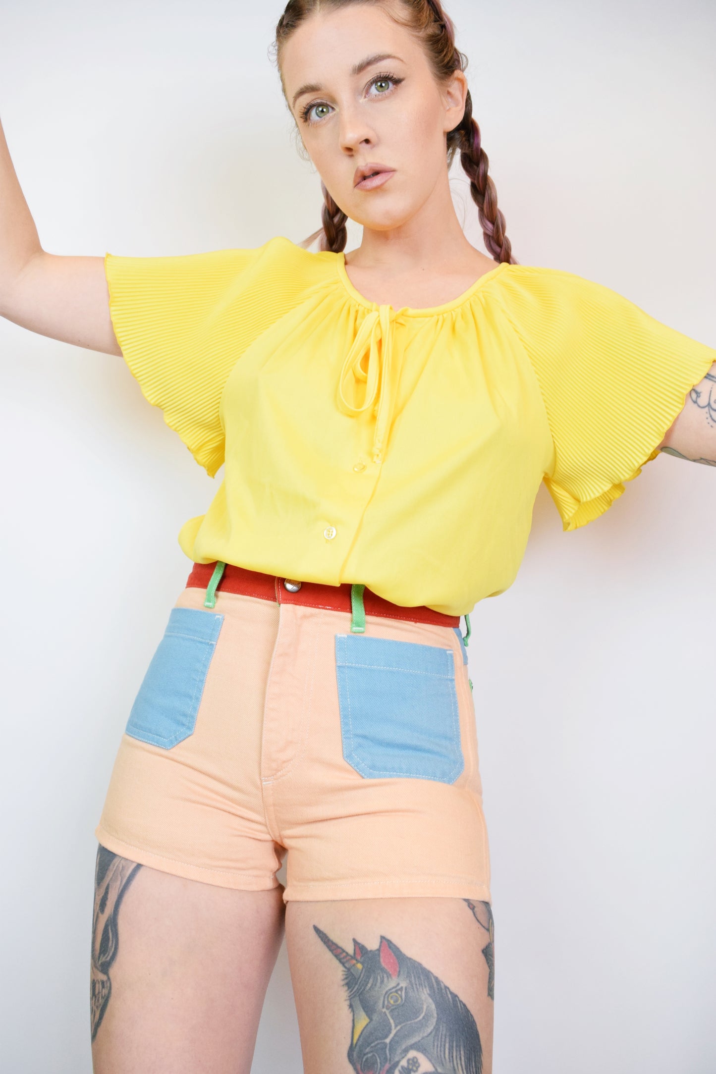 70S BRIGHT YELLOW ACCORDION BLOUSE - MEDIUM