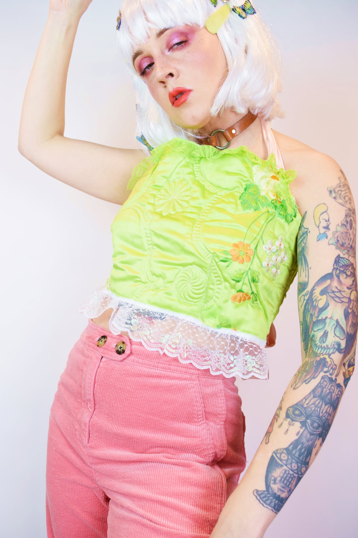 *OWLEPHANT ORIGINALS* LIME GREEN QUILT HALTER TOP - MEDIUM