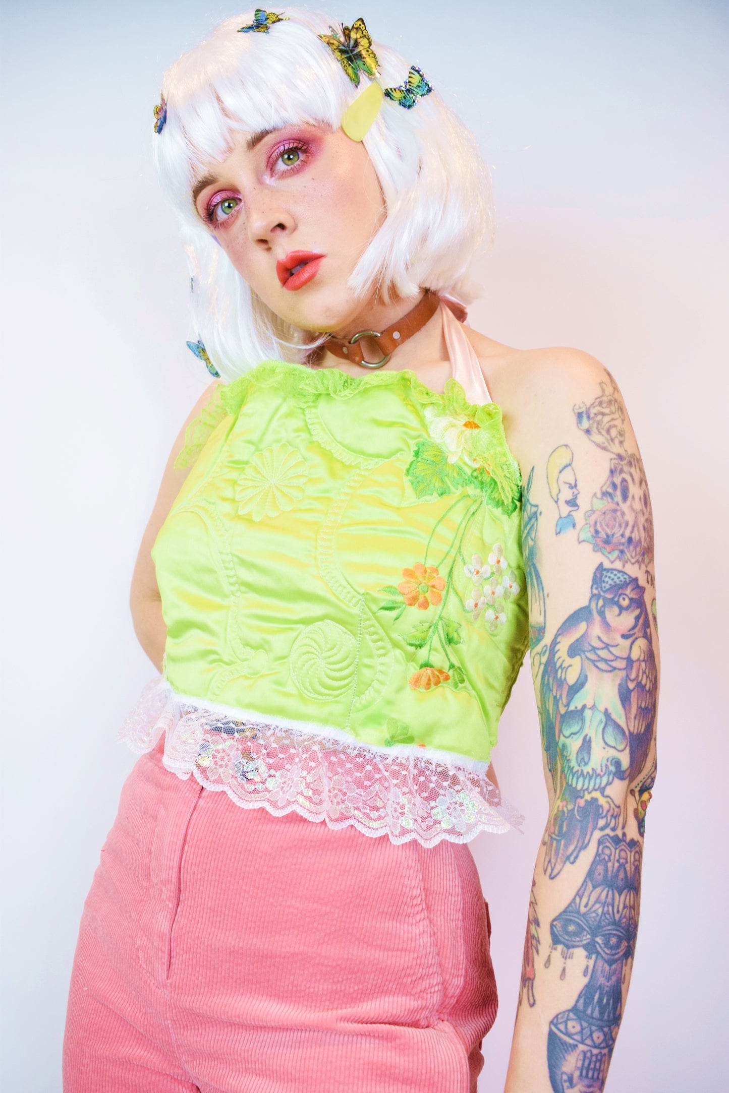 *OWLEPHANT ORIGINALS* LIME GREEN QUILT HALTER TOP - MEDIUM