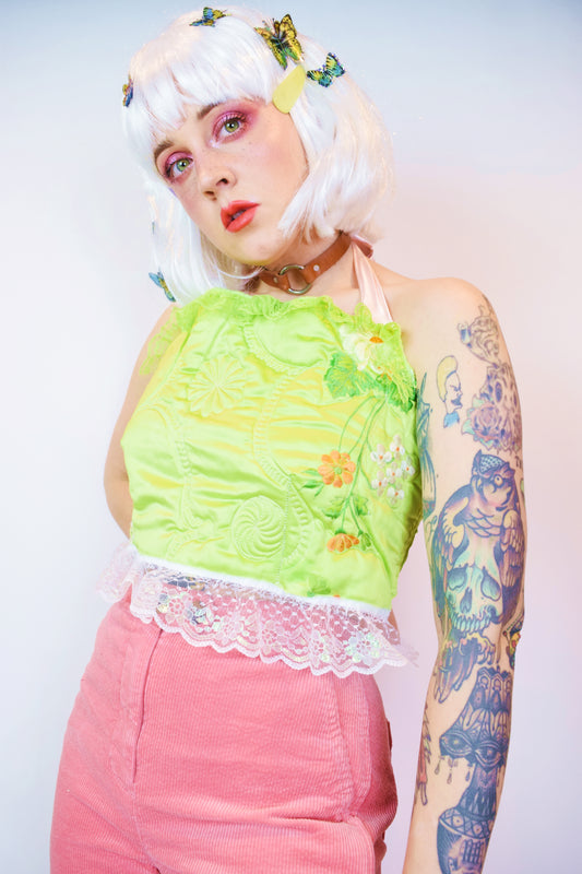 *OWLEPHANT ORIGINALS* LIME GREEN QUILT HALTER TOP - MEDIUM