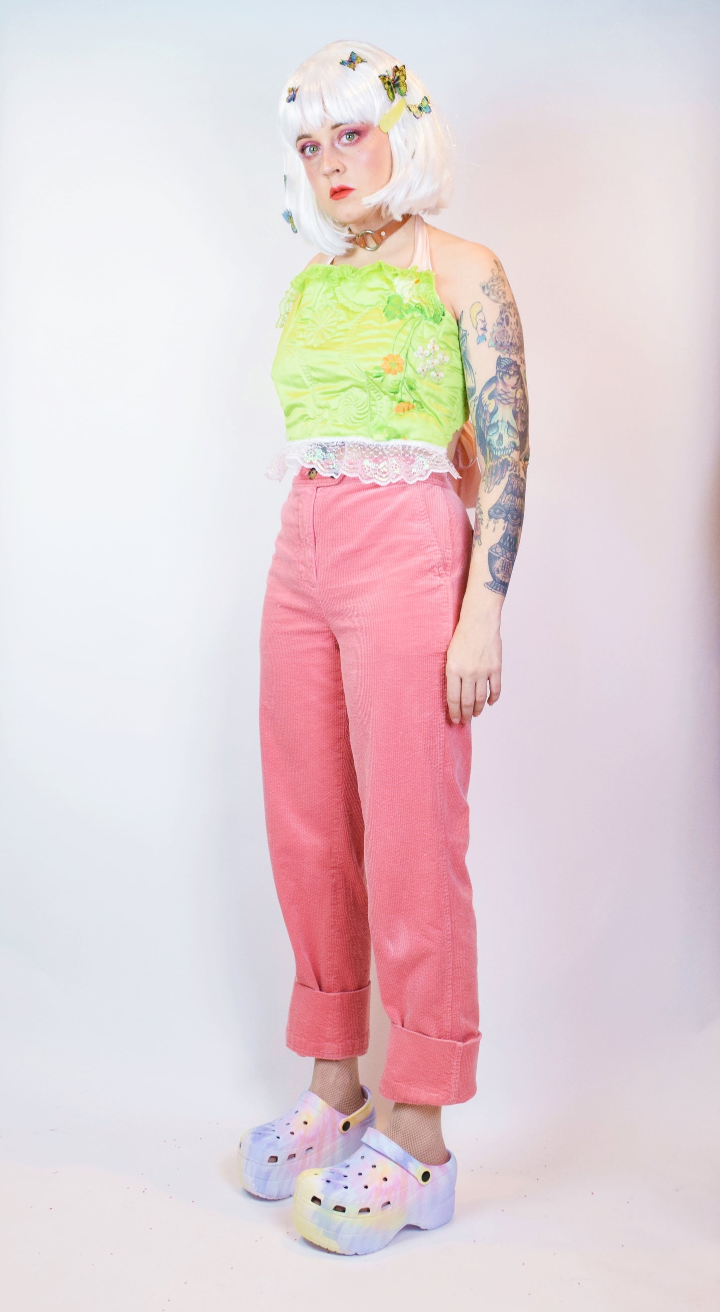 *OWLEPHANT ORIGINALS* LIME GREEN QUILT HALTER TOP - MEDIUM