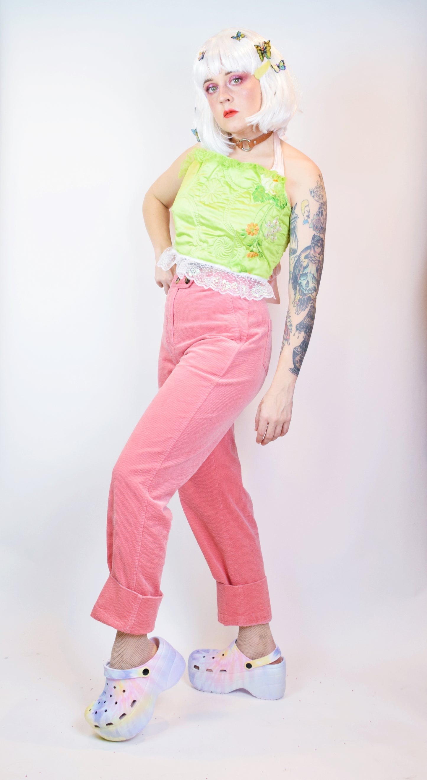 *OWLEPHANT ORIGINALS* LIME GREEN QUILT HALTER TOP - MEDIUM