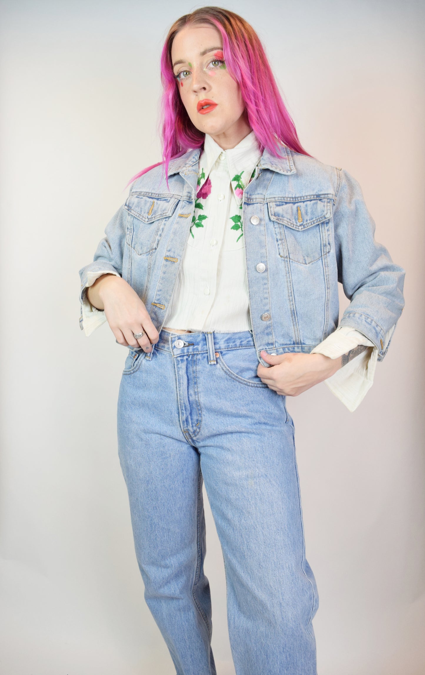 90s CROPPED DENIM JACKET - M