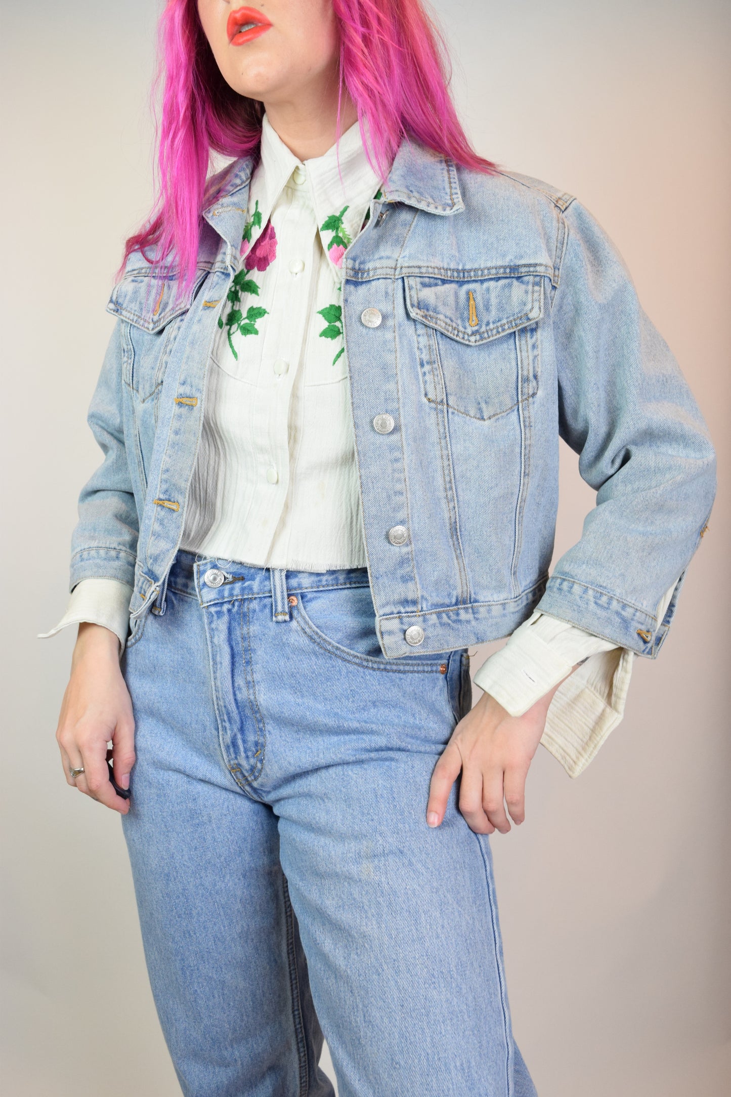 90s CROPPED DENIM JACKET - M