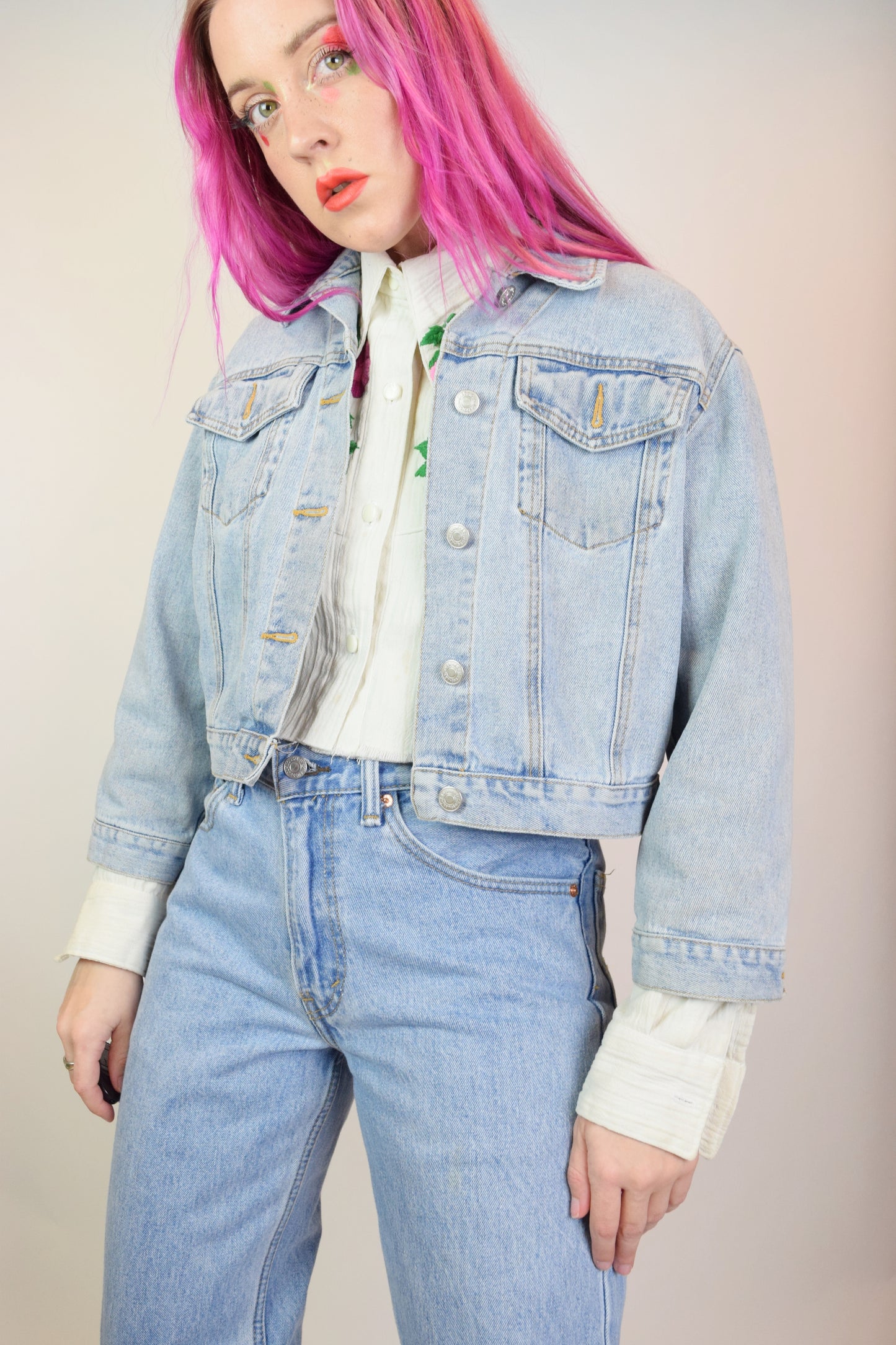 90s CROPPED DENIM JACKET - M