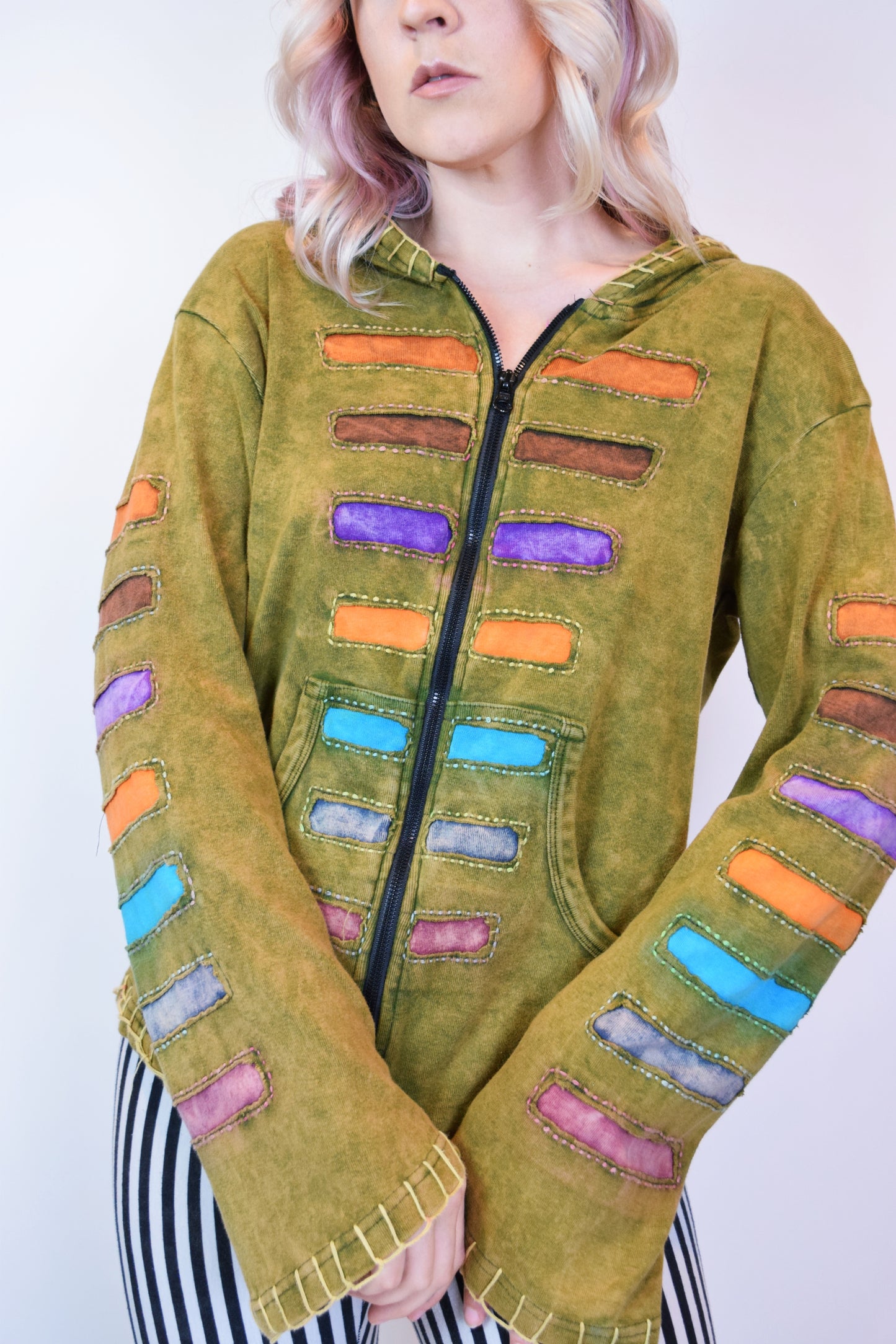 90s PATCHWORK ZIP UP HOODIE - M