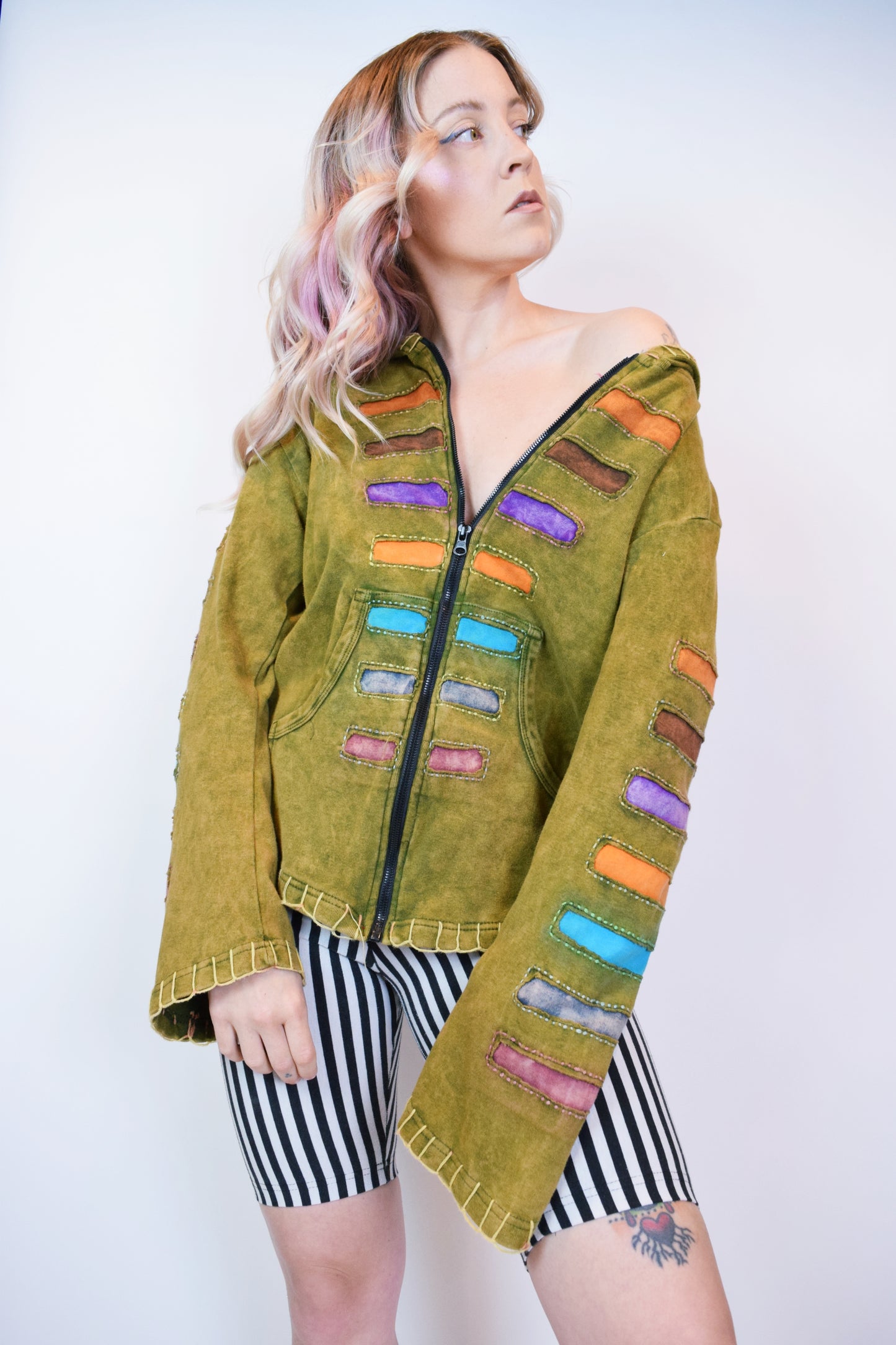 90s PATCHWORK ZIP UP HOODIE - M