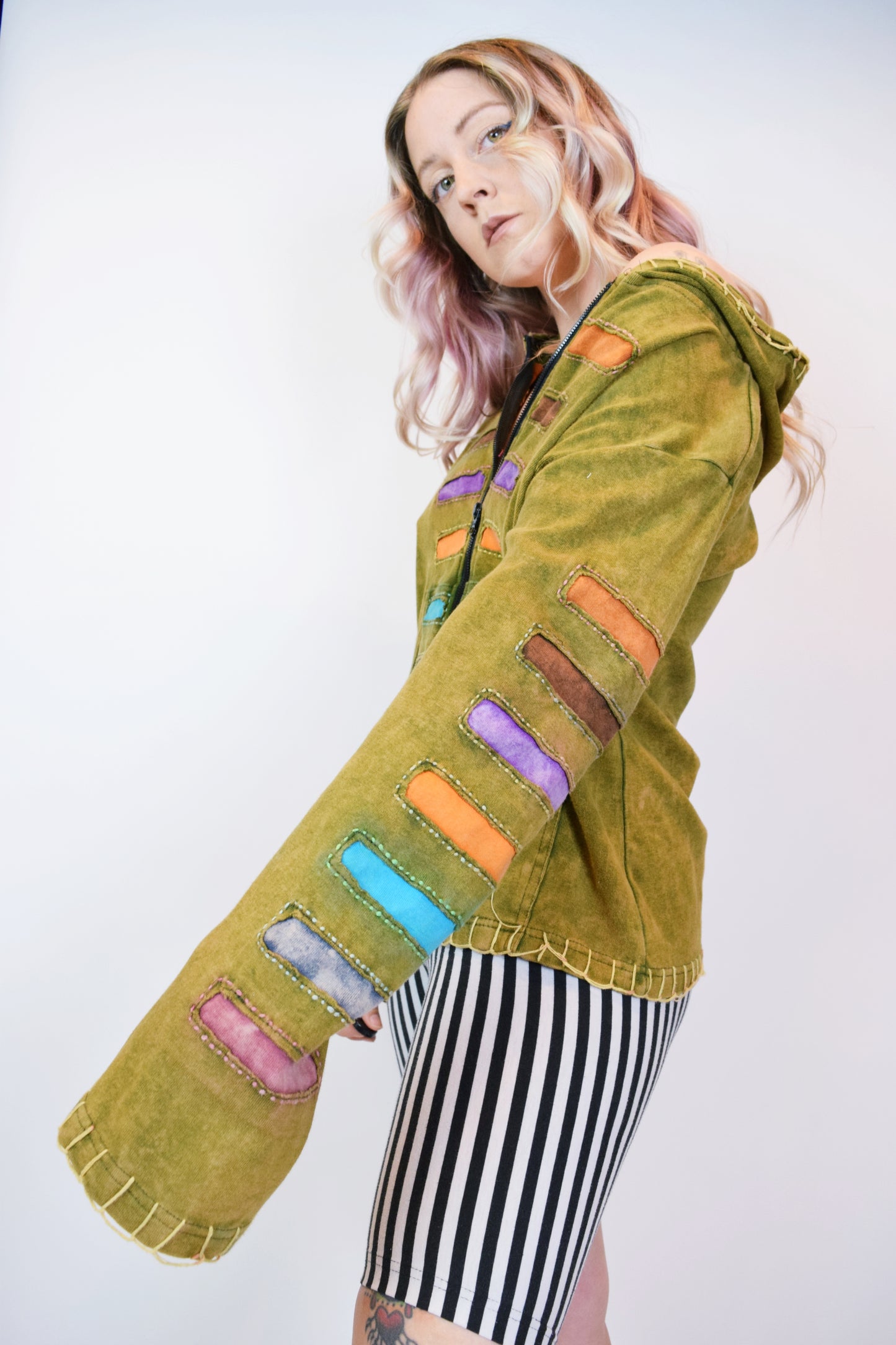 90s PATCHWORK ZIP UP HOODIE - M
