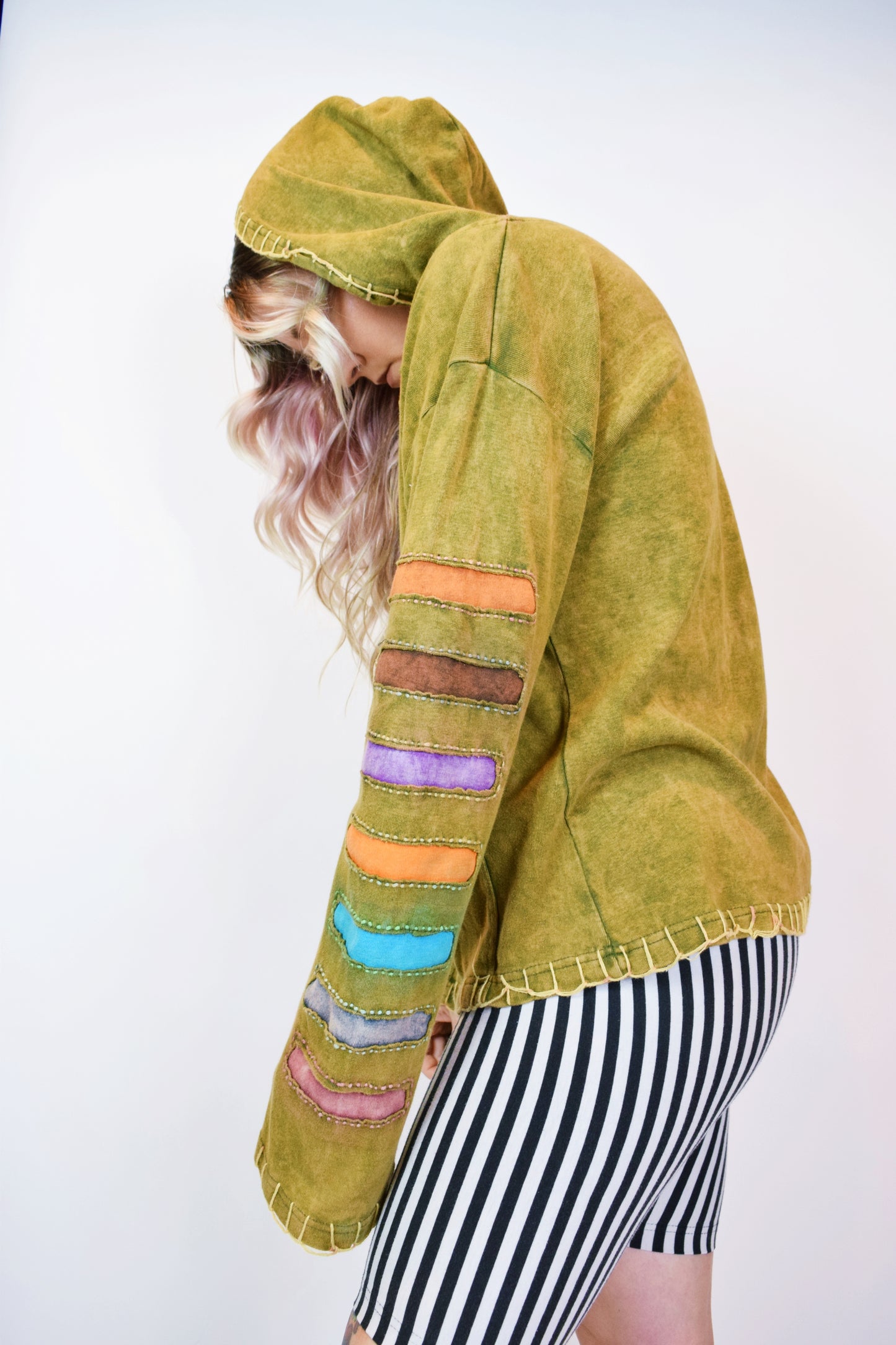 90s PATCHWORK ZIP UP HOODIE - M