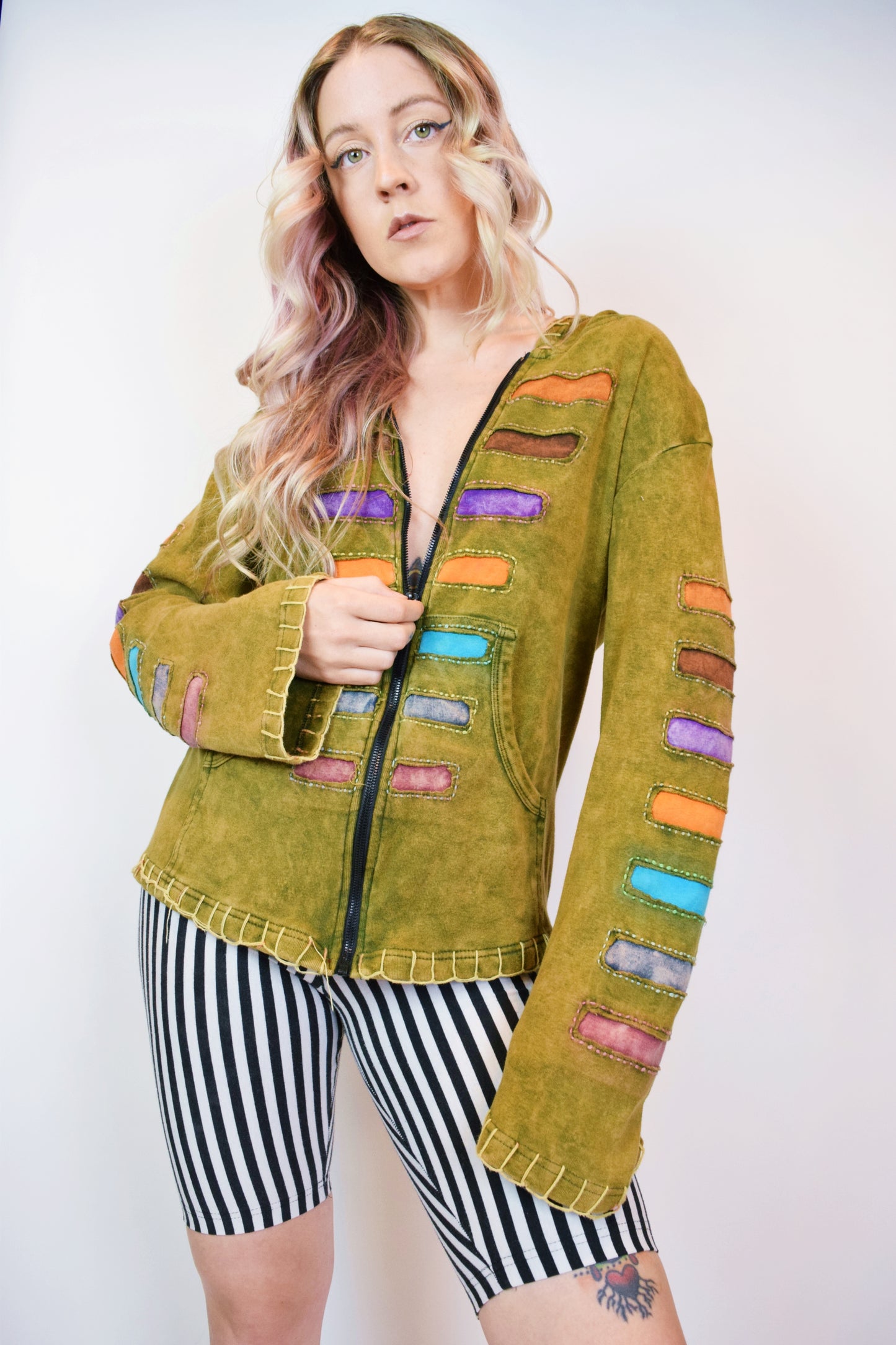 90s PATCHWORK ZIP UP HOODIE - M