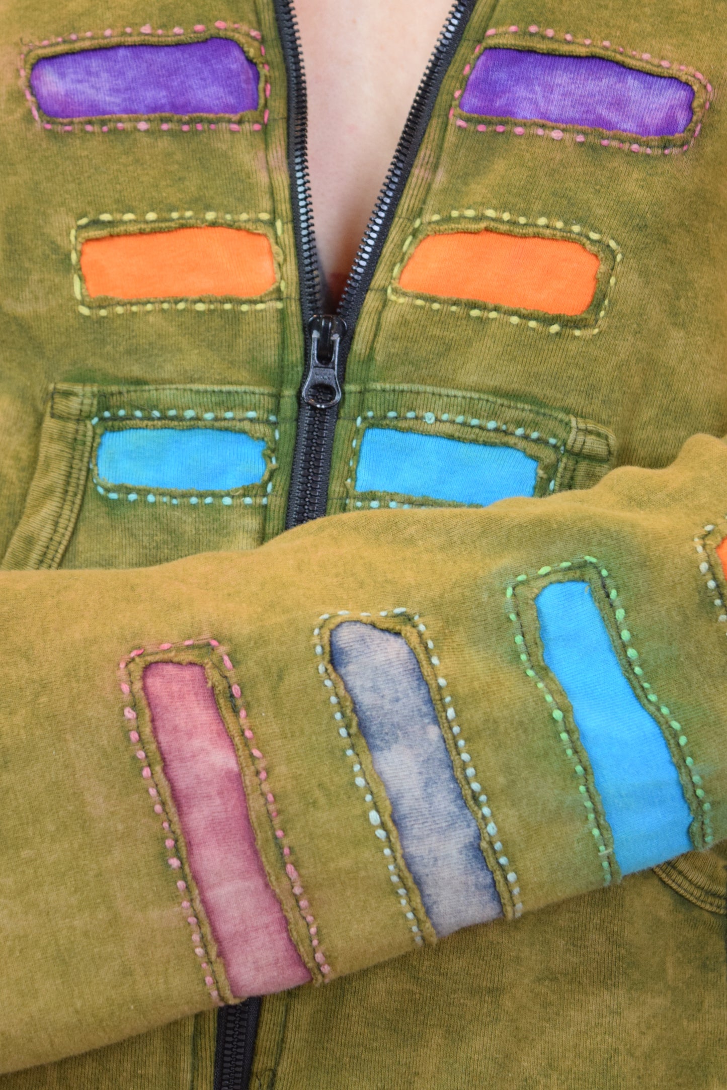 90s PATCHWORK ZIP UP HOODIE - M