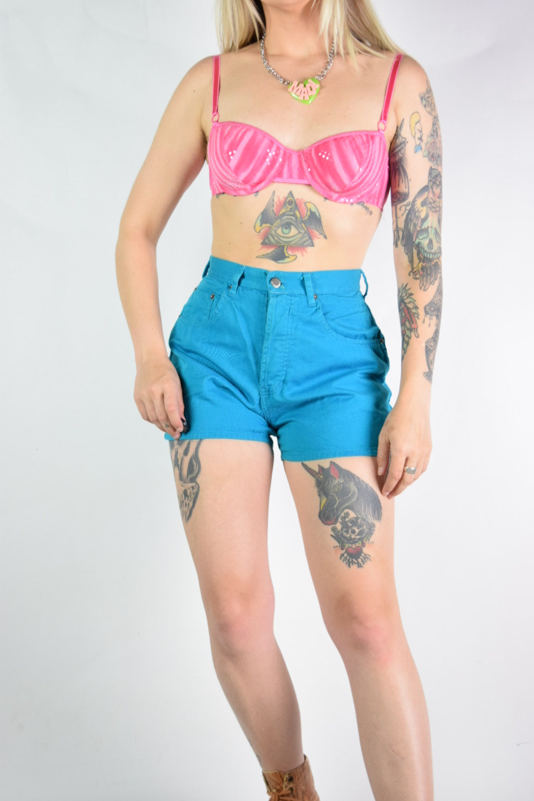 90s BRIGHT TEAL HOTPANTS - 26/27" waist
