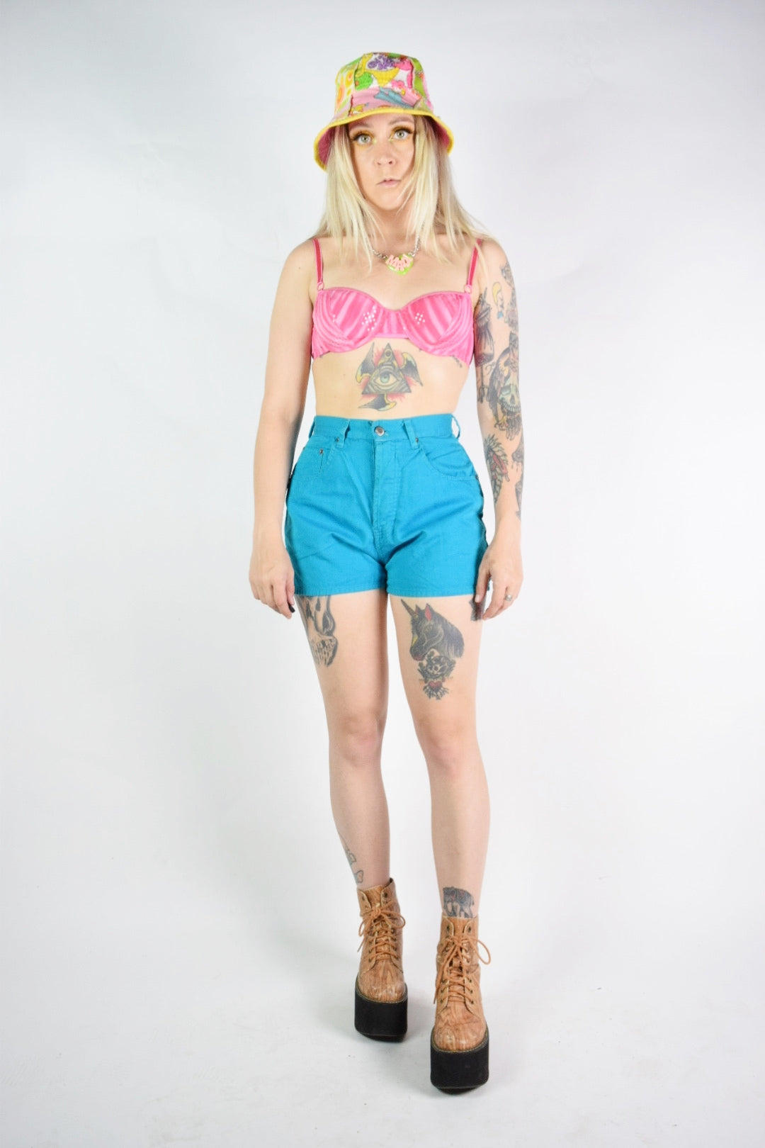 90s BRIGHT TEAL HOTPANTS - 26/27" waist