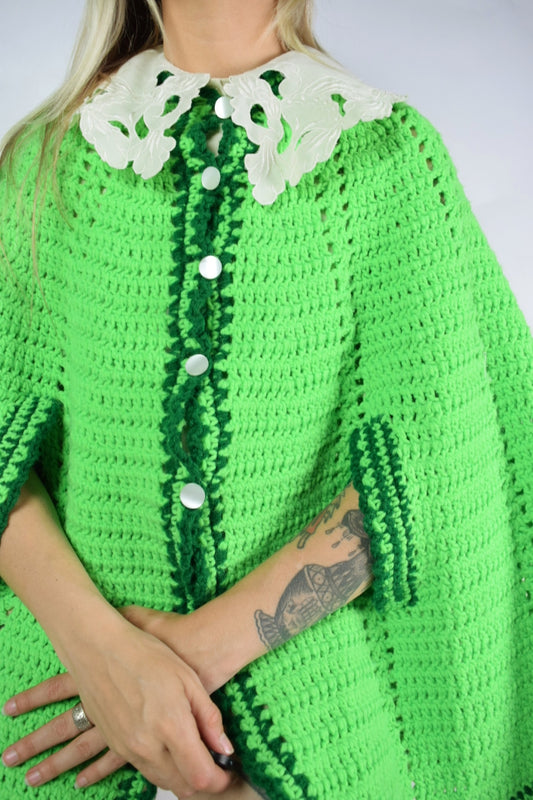 60s SLIME GREEN CHUNKY KNIT PONCHO - O/S