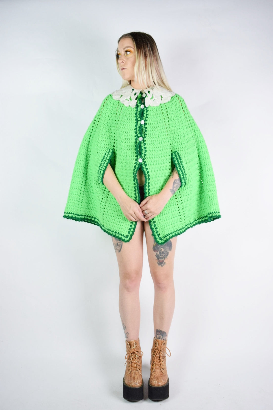 60s SLIME GREEN CHUNKY KNIT PONCHO - O/S
