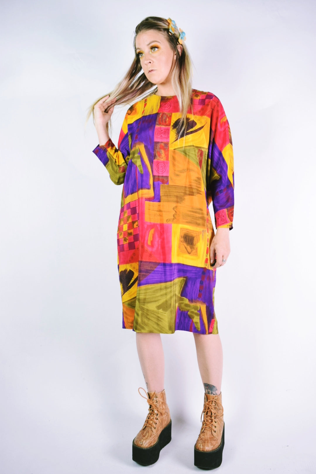 90s OPTICAL ABSTRACT MIDI DRESS - L