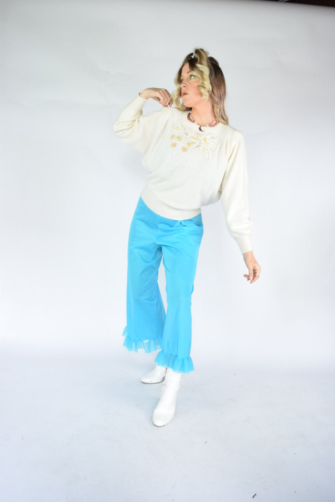 80s PASTEL SEQUIN BATWING SWEATER - M