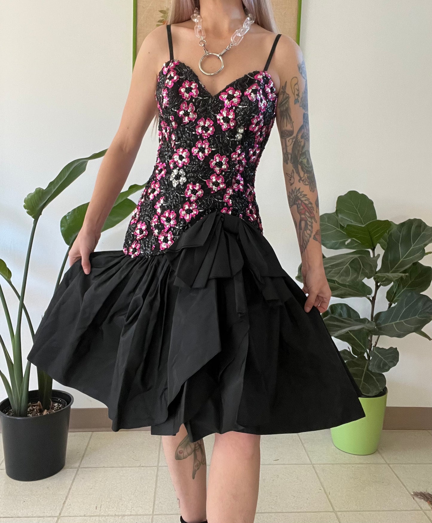 80s Avant Garde Sequin Ruffle Midi Dress