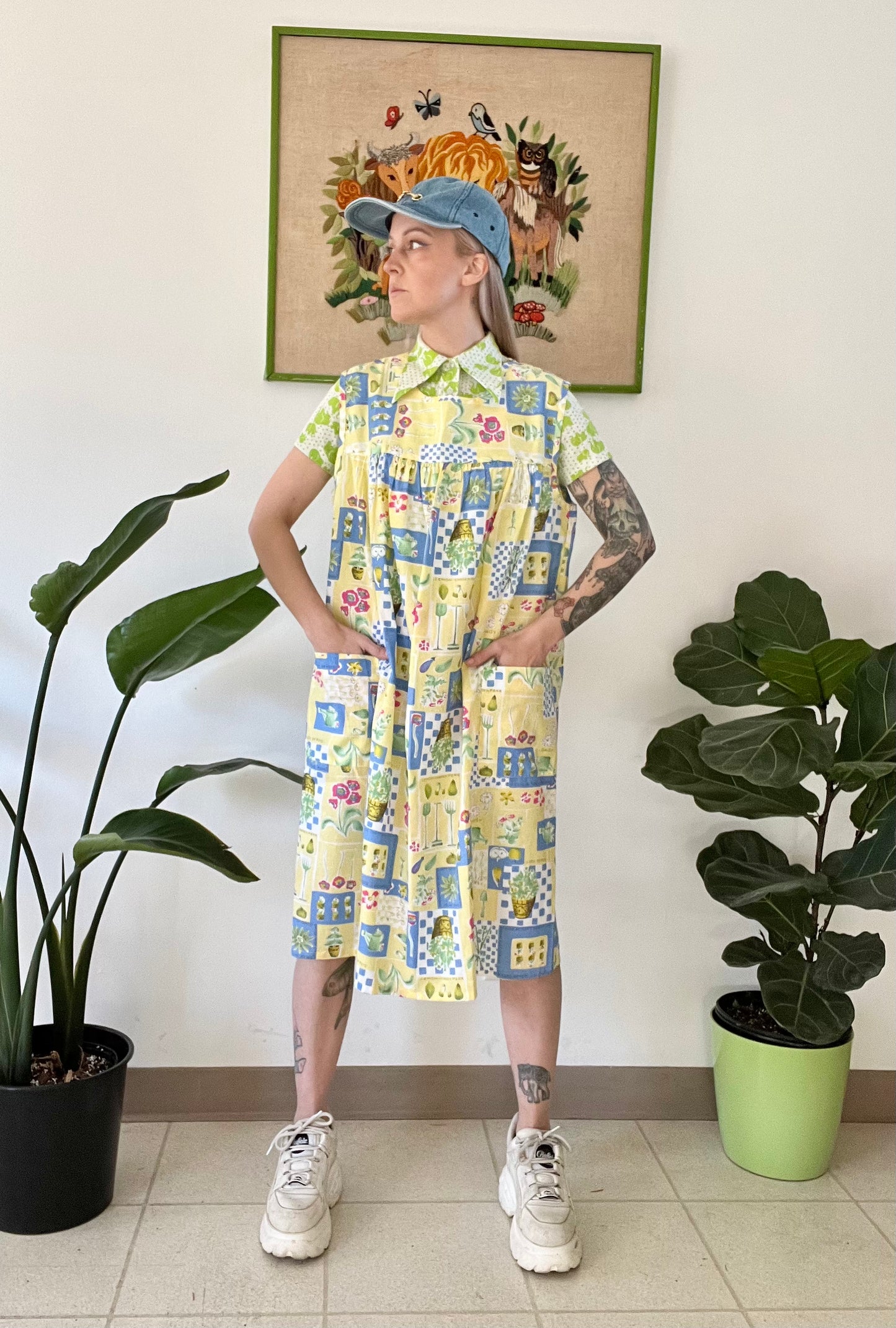 90s Mixed Optical Print House Dress - L