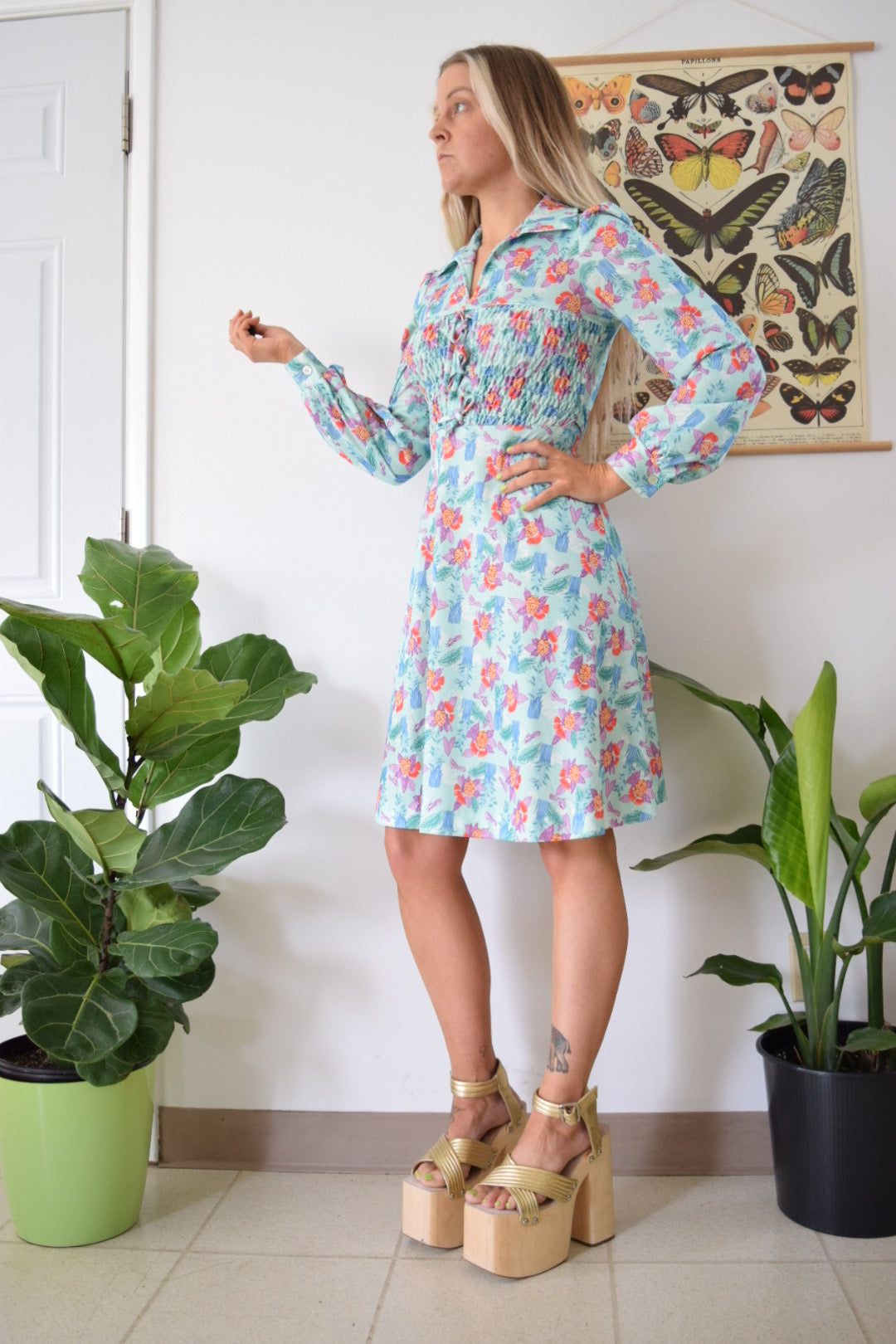 70s Floral Dagger Collar Mini Dress - XS/S